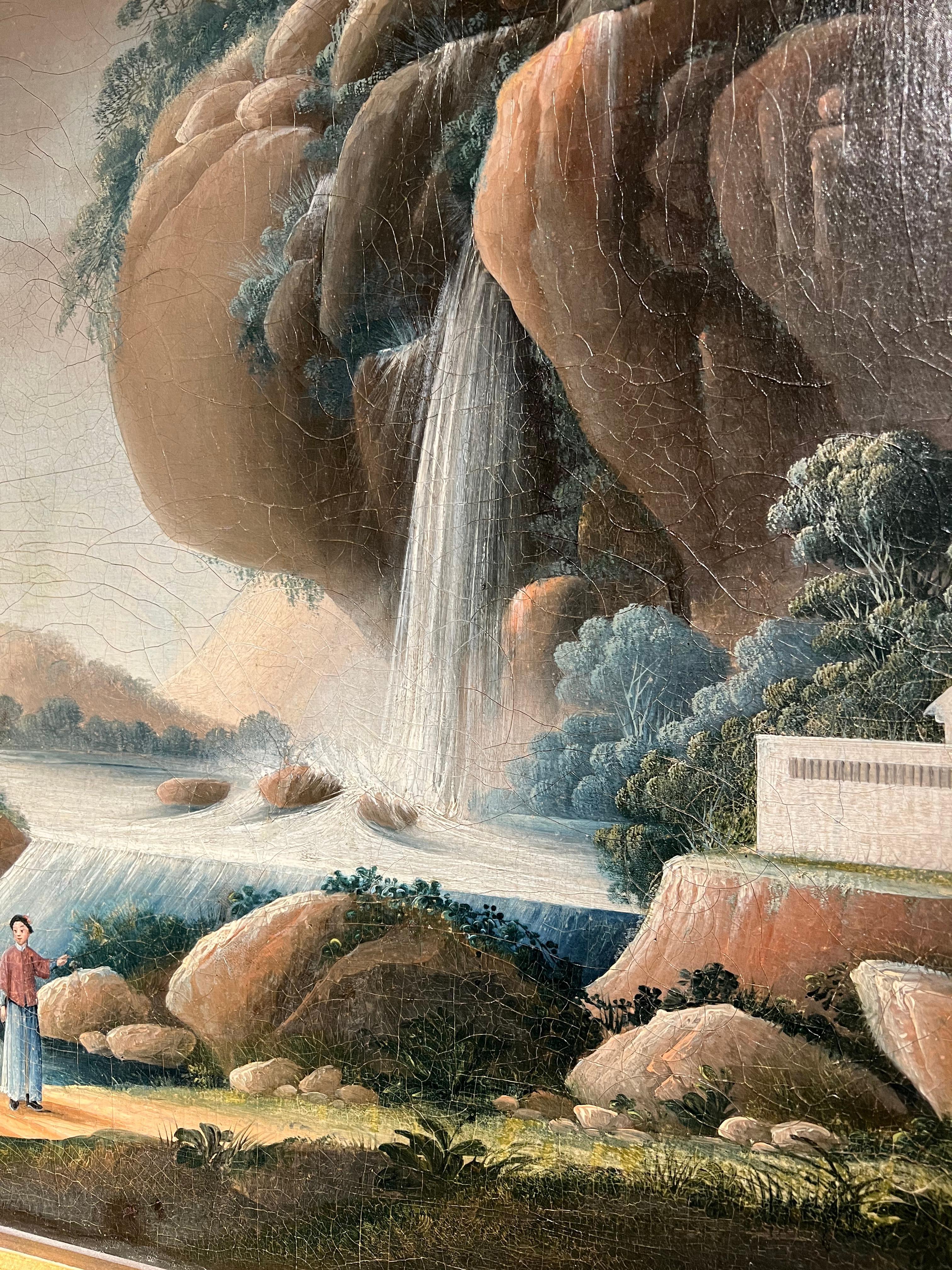 Großes chinesisches Exportöl auf Leinwand, bescheinigt Tingqua, um 1830
Öl auf Leinwand, das Tingqua zugeschrieben wird und Figuren an einem Wasserfall darstellt.
Altes Christie's New York Etikett auf der Rückseite
Original chinesischer