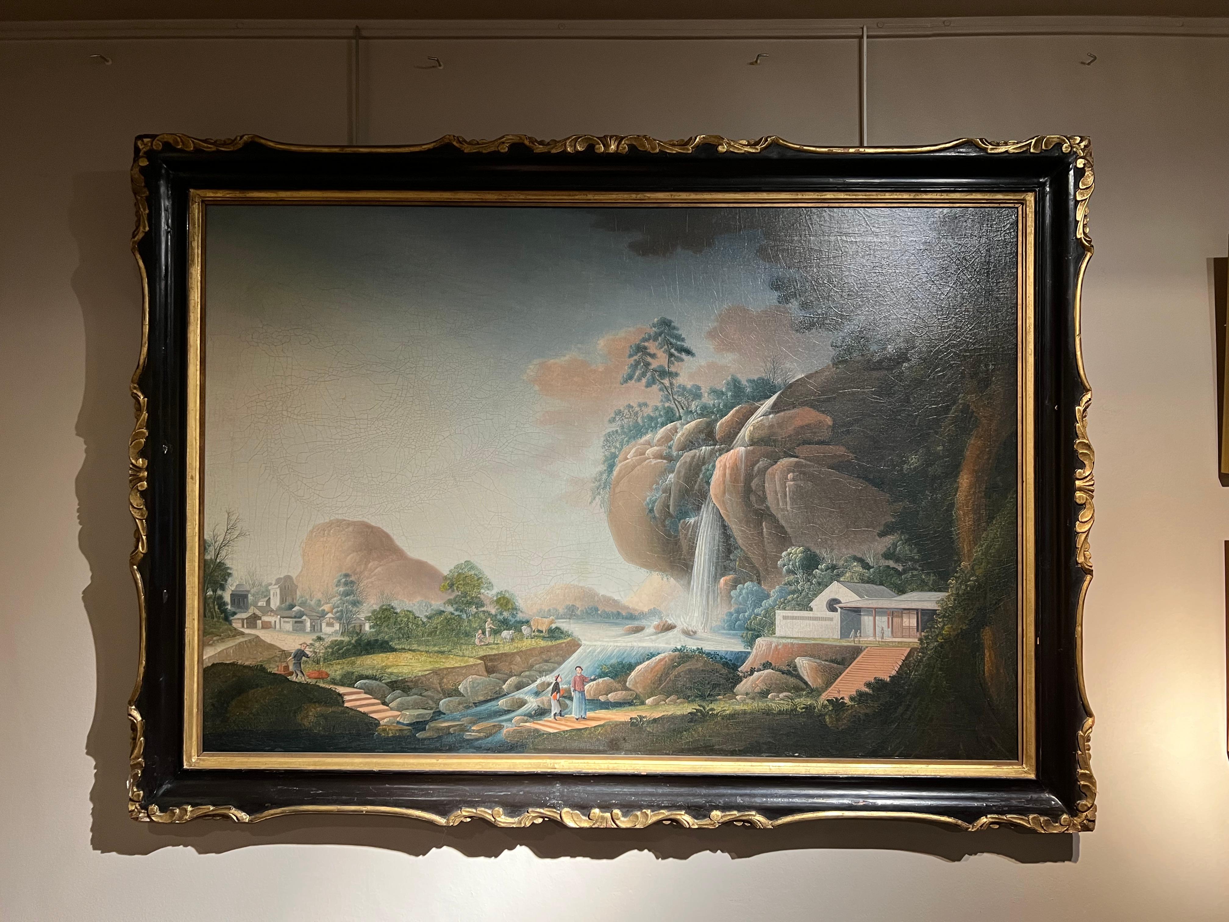 Eine seltene große chinesische Export Öl auf Leinwand, att zu Tingqua, China um 1830 (Chinesisch) im Angebot