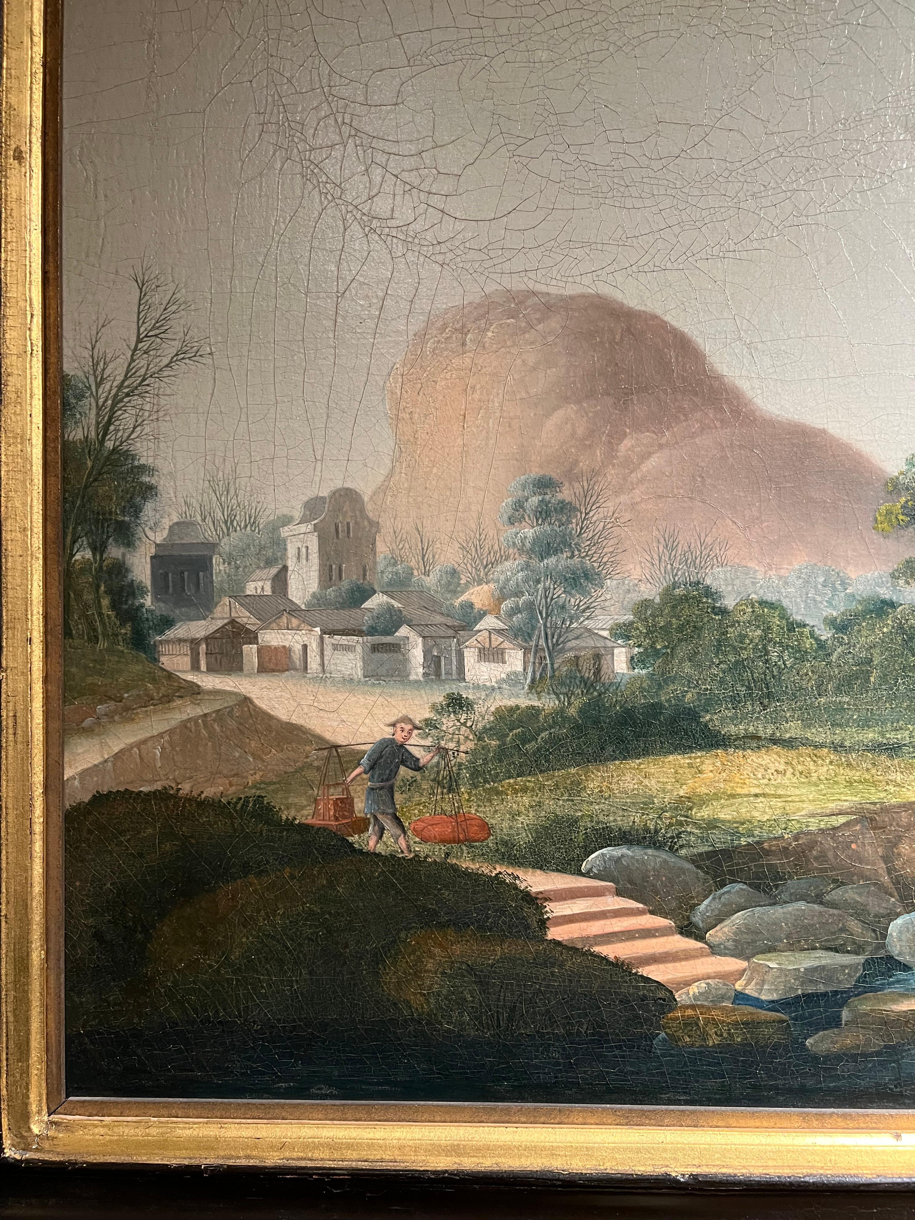 Eine seltene große chinesische Export Öl auf Leinwand, att zu Tingqua, China um 1830 (19. Jahrhundert) im Angebot