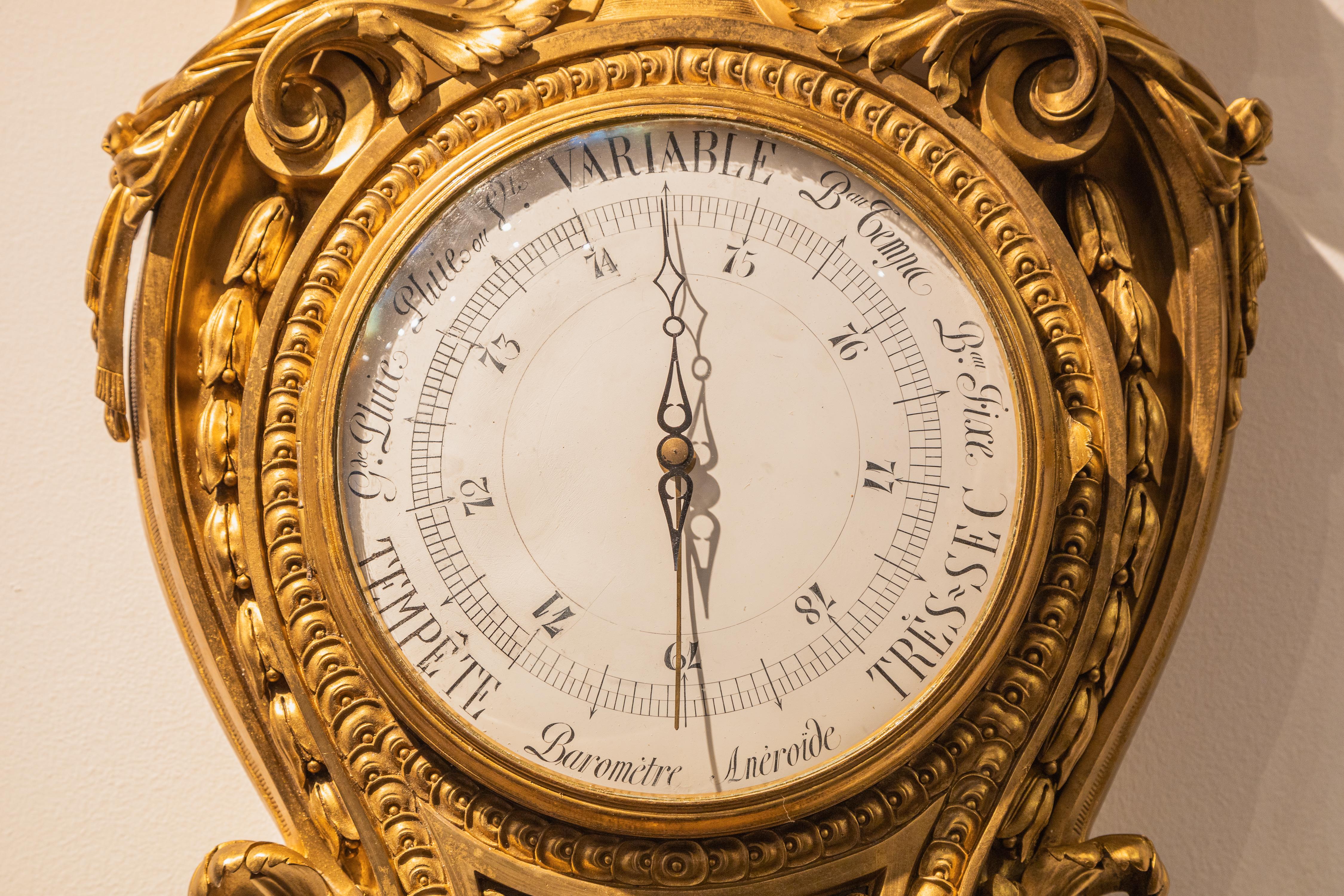 A rare large pair of 19th c French gilt bronze clock and Barometer by Lepine In Good Condition For Sale In Dallas, TX