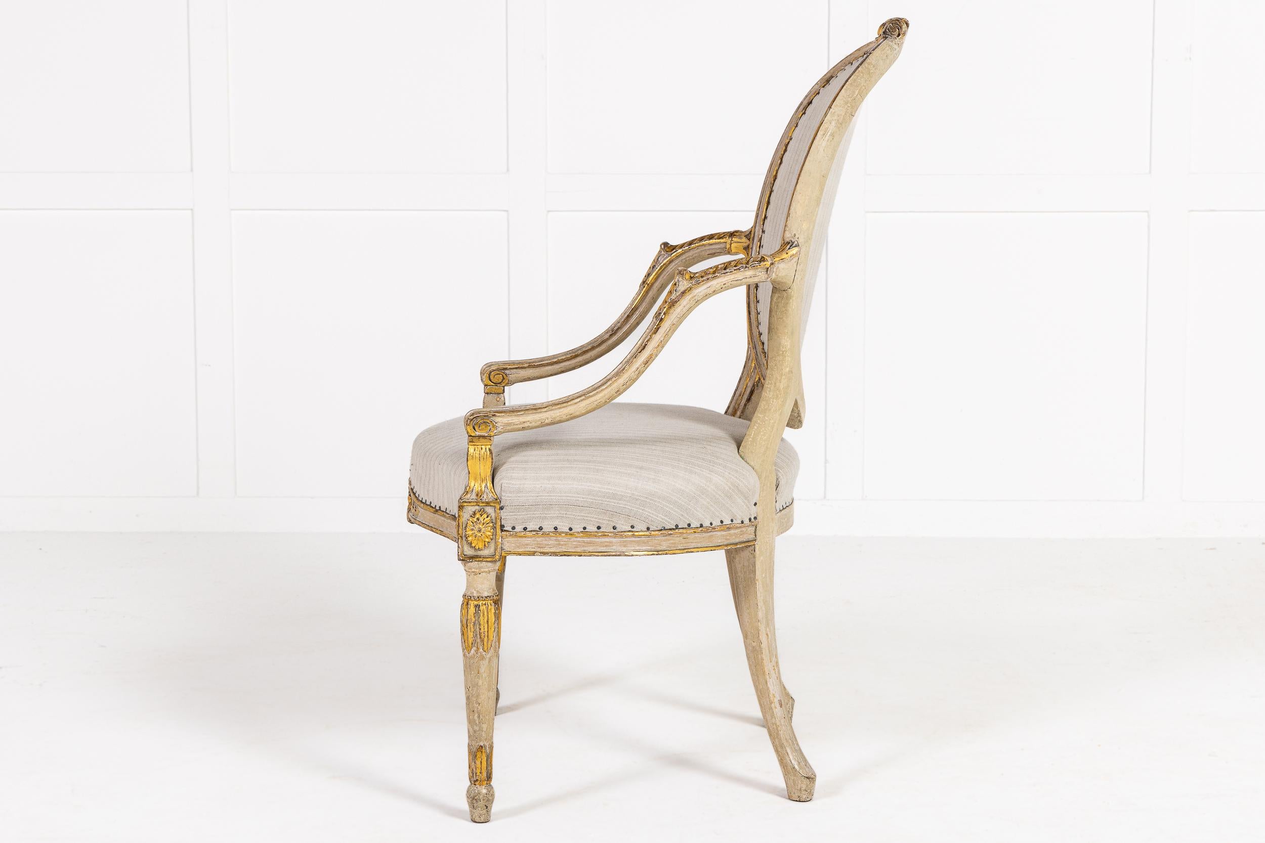 A Rare Late 18th Century English Painted and Parcel Gilt Armchair For Sale 5