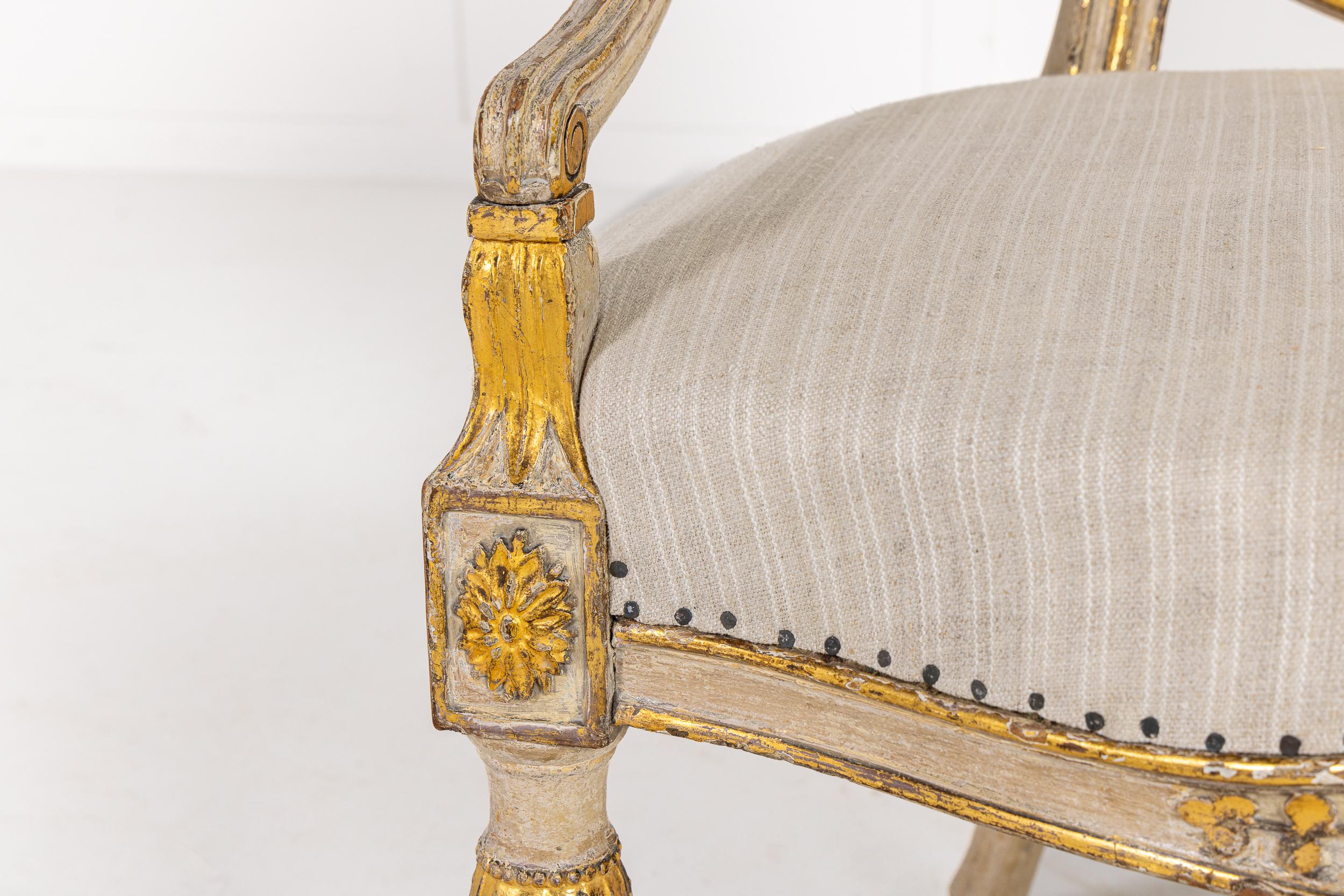 18th Century and Earlier A Rare Late 18th Century English Painted and Parcel Gilt Armchair For Sale