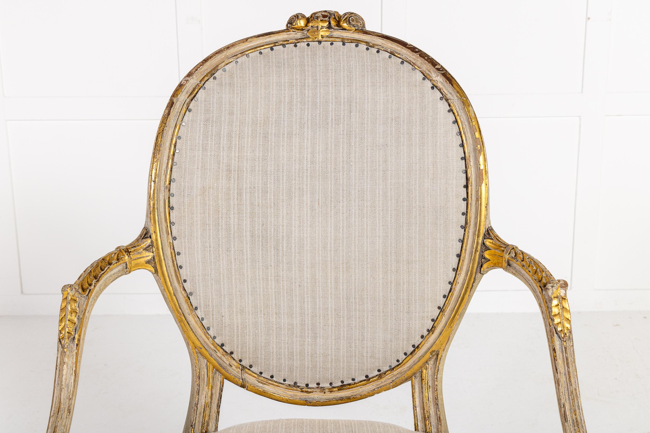 Giltwood A Rare Late 18th Century English Painted and Parcel Gilt Armchair For Sale
