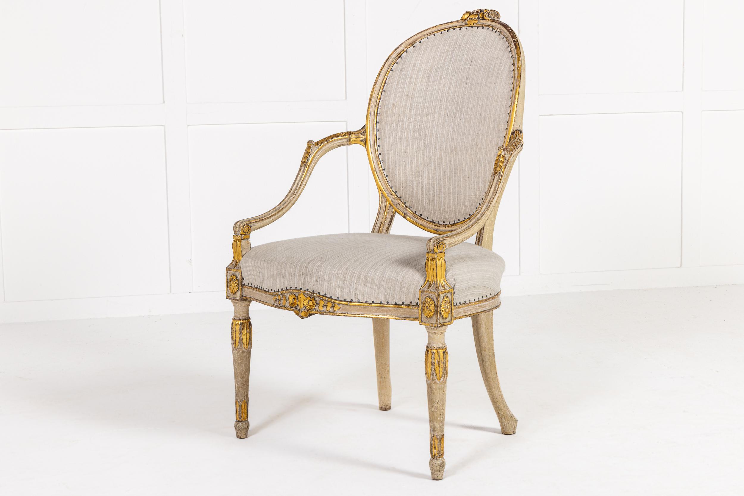 A Rare Late 18th Century English Painted and Parcel Gilt Armchair For Sale 2