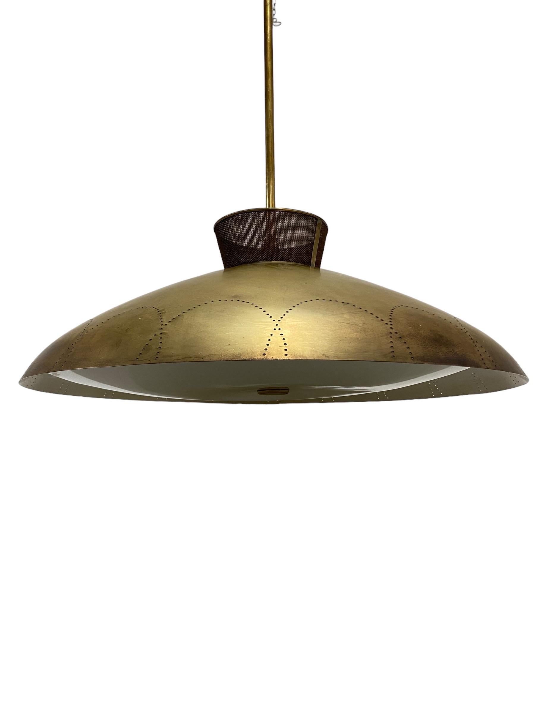 Scandinavian Modern Rare Lisa-Johansson-Pape Large Perfortated Brass Ceiling Lamp, Orno 1950s For Sale