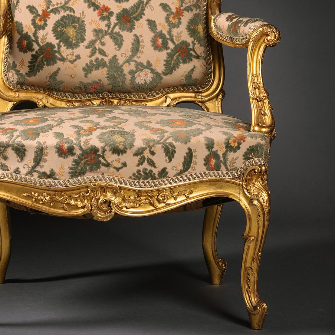 French Rare Louis XV Style Giltwood Fauteuil by François Linke For Sale