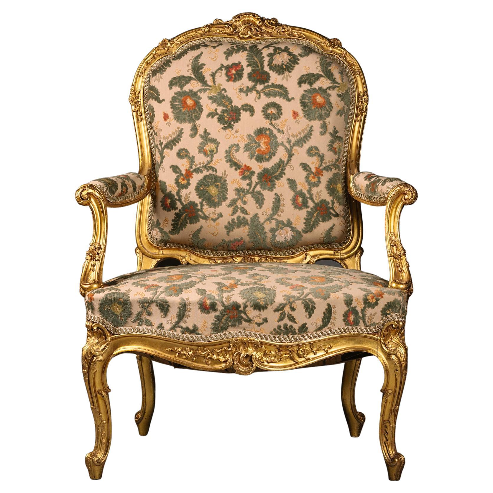 Rare Louis XV Style Giltwood Fauteuil by François Linke For Sale