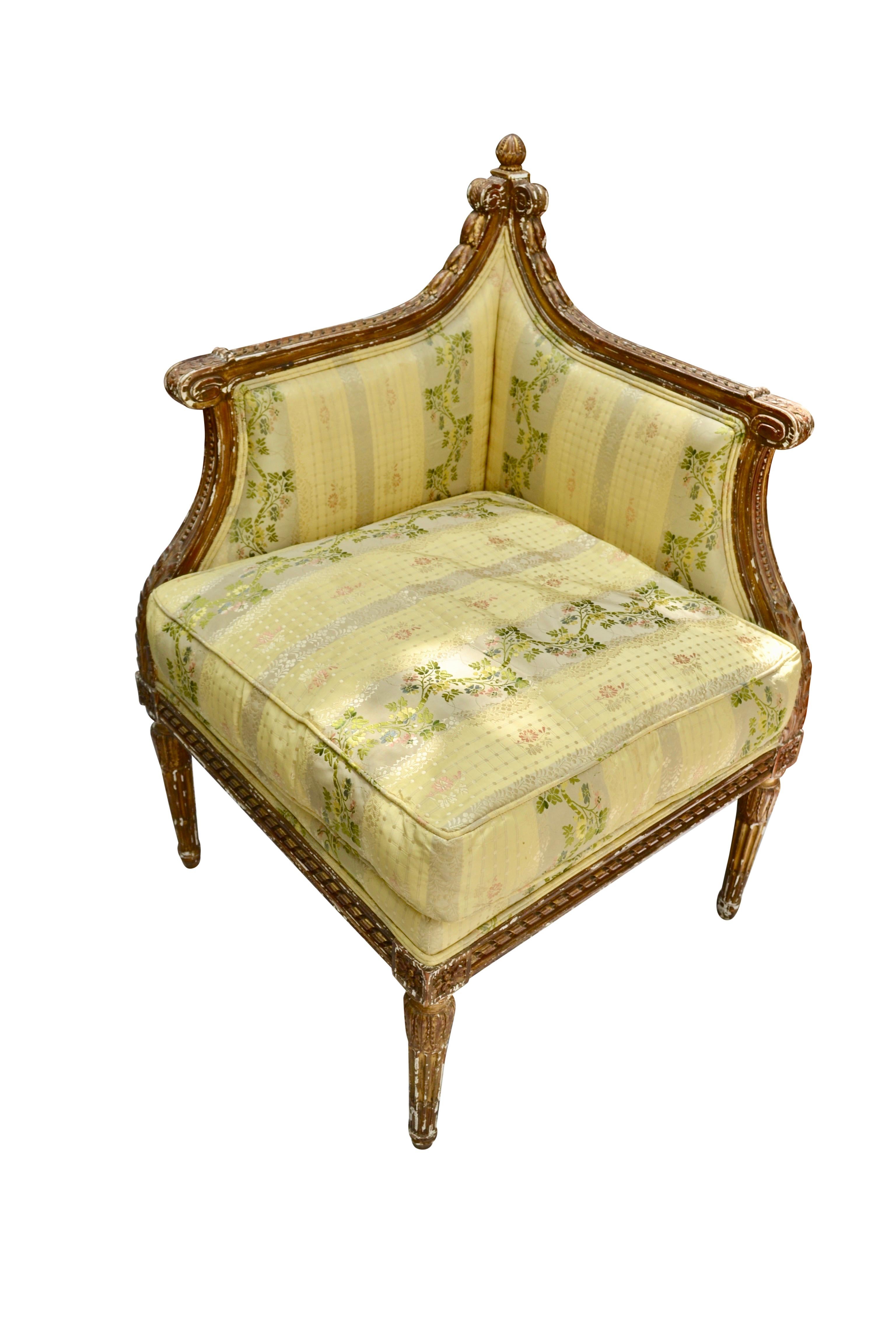 A Rare Louis XVI Giltwood Corner Chair In Fair Condition For Sale In Vancouver, British Columbia