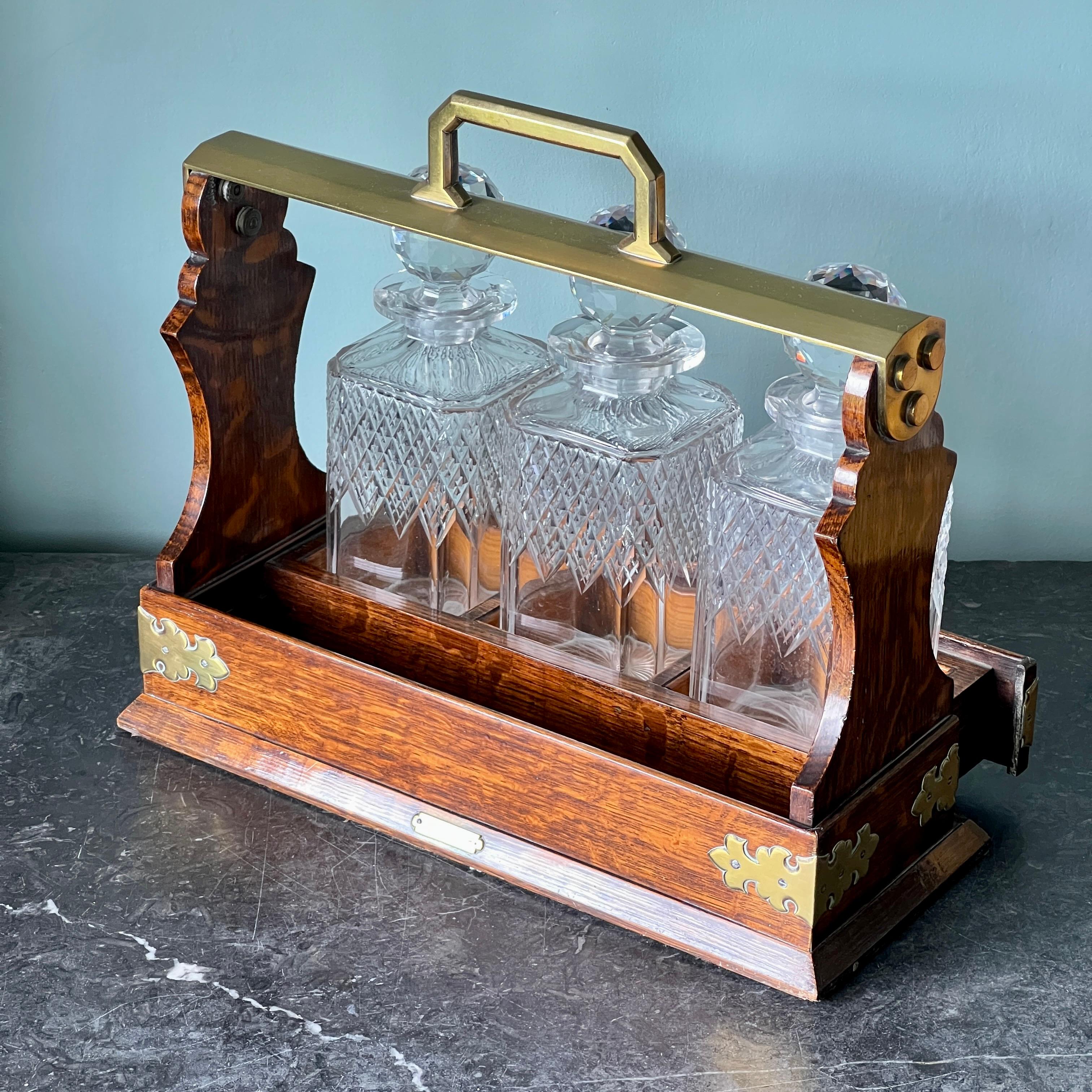 A Rare Mappin and Webb Victorian Oak and Brass Tantalus 1880 5