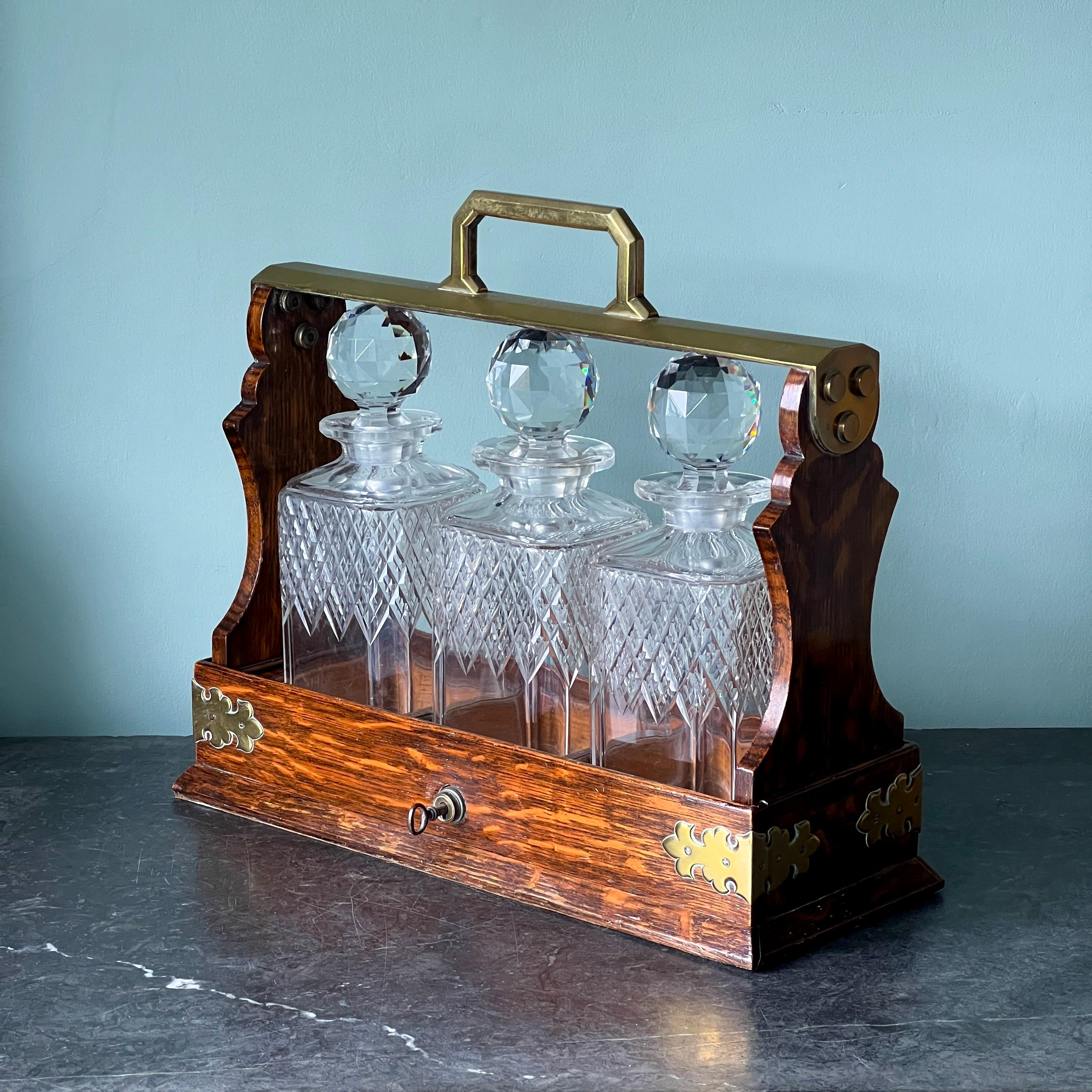 English A Rare Mappin and Webb Victorian Oak and Brass Tantalus 1880