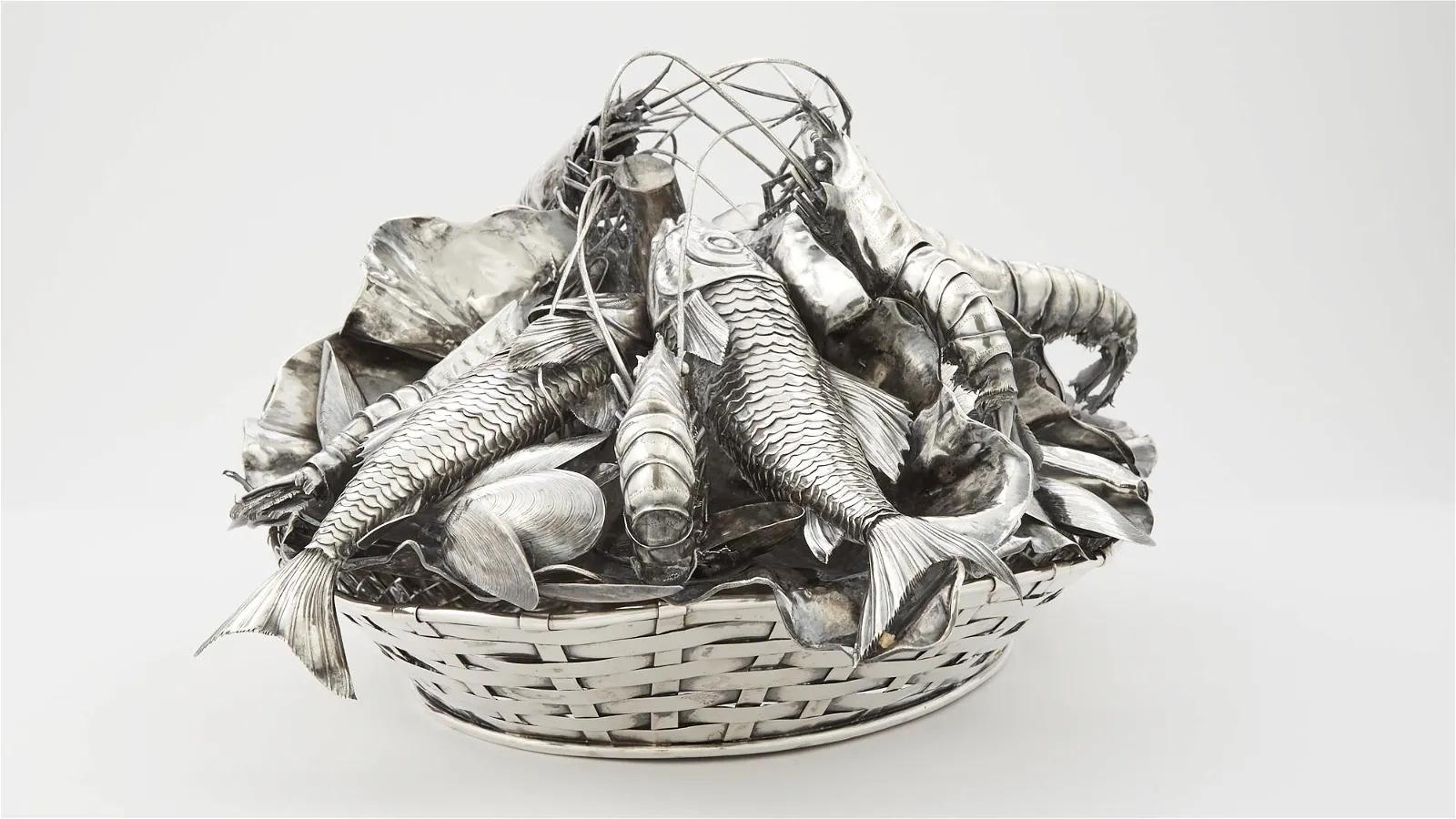 Italian Rare Mario Buccellati Silver Nautical Marine Centerpiece Seafood Basket For Sale