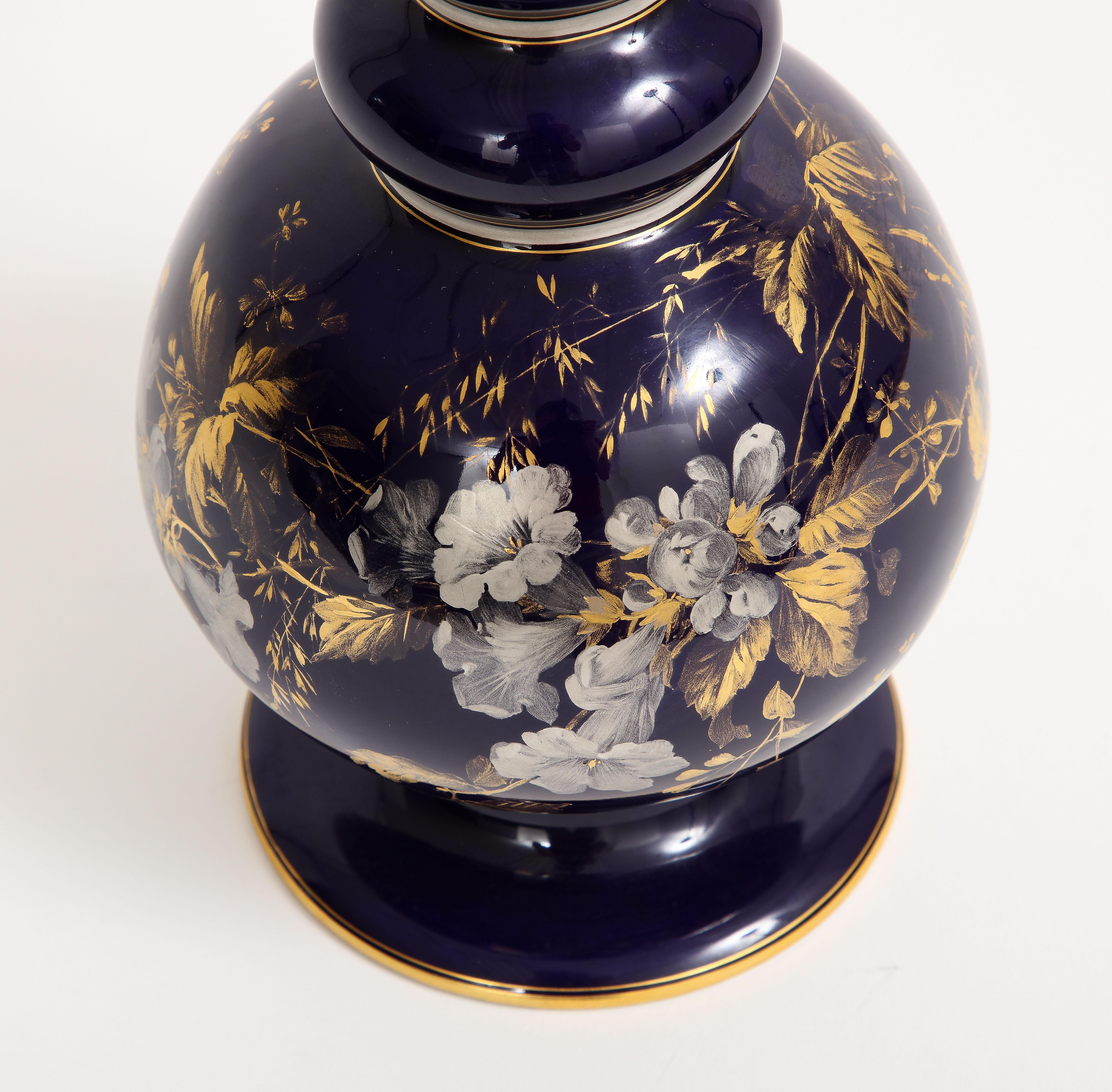 A Rare Meissen Porcelain Cobalt Blue Ground Platinum & Gold Floral Painted Vase For Sale 4
