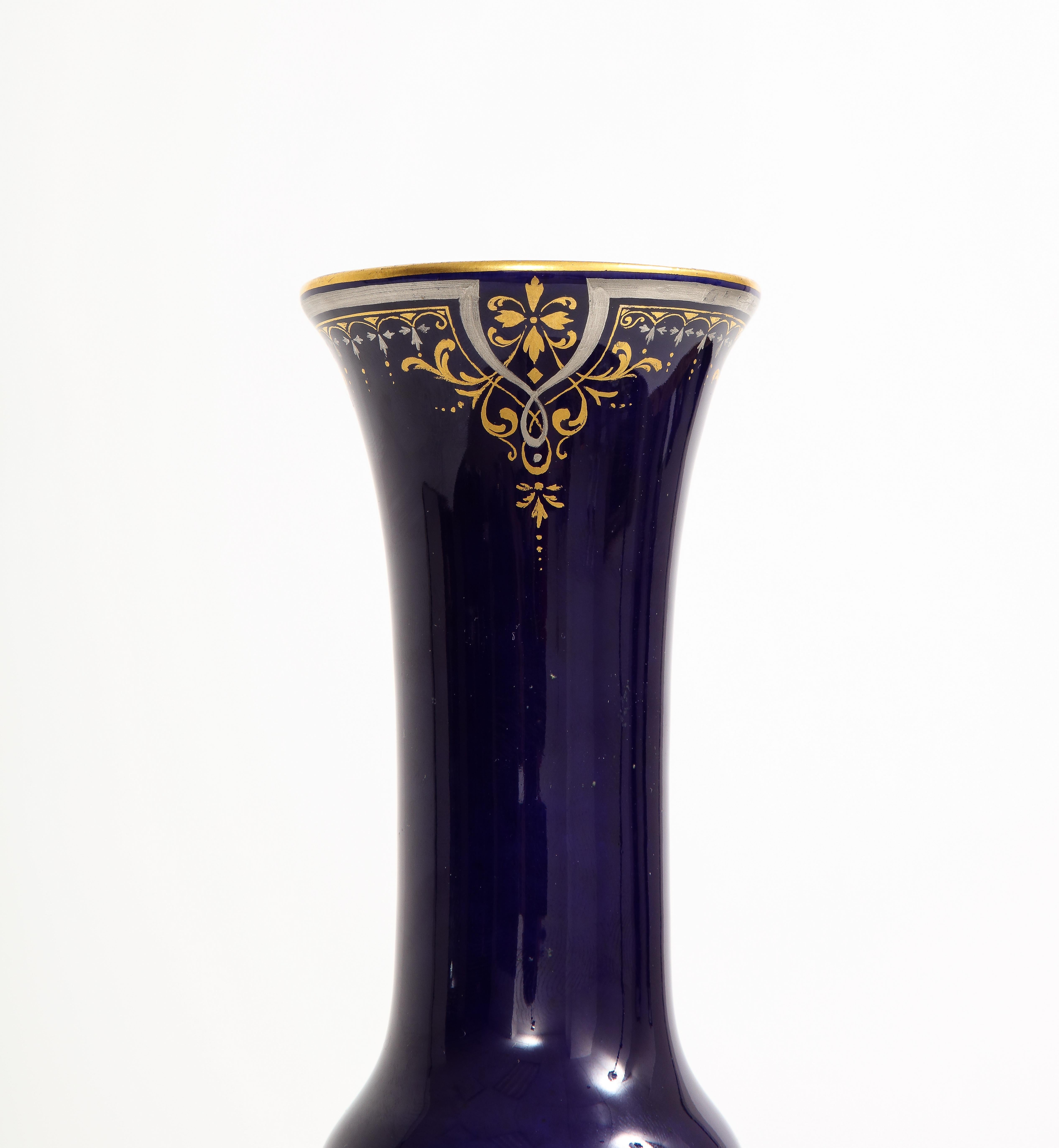 A Rare Meissen Porcelain Cobalt Blue Ground Platinum & Gold Floral Painted Vase For Sale 6
