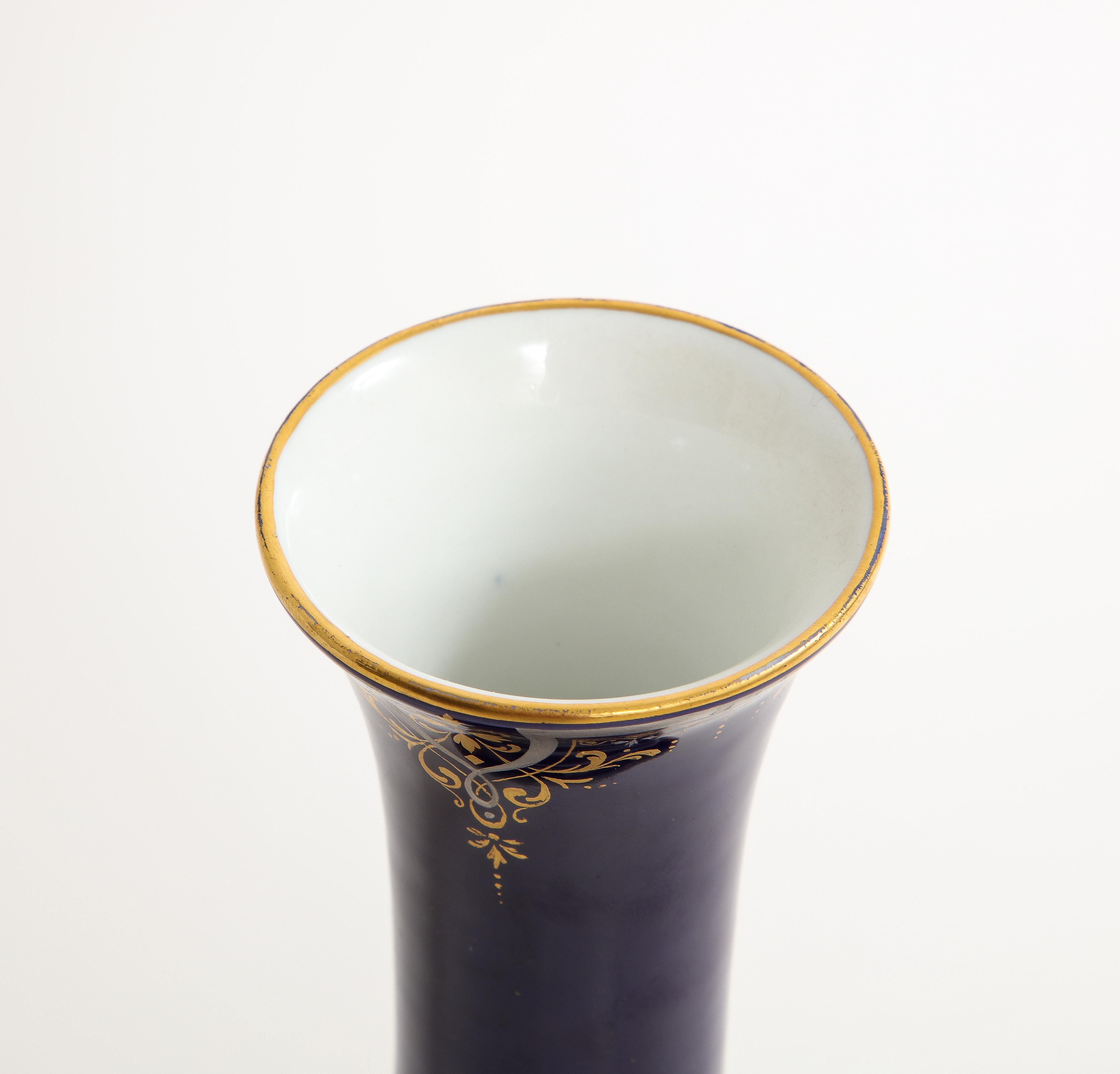 A Rare Meissen Porcelain Cobalt Blue Ground Platinum & Gold Floral Painted Vase For Sale 7