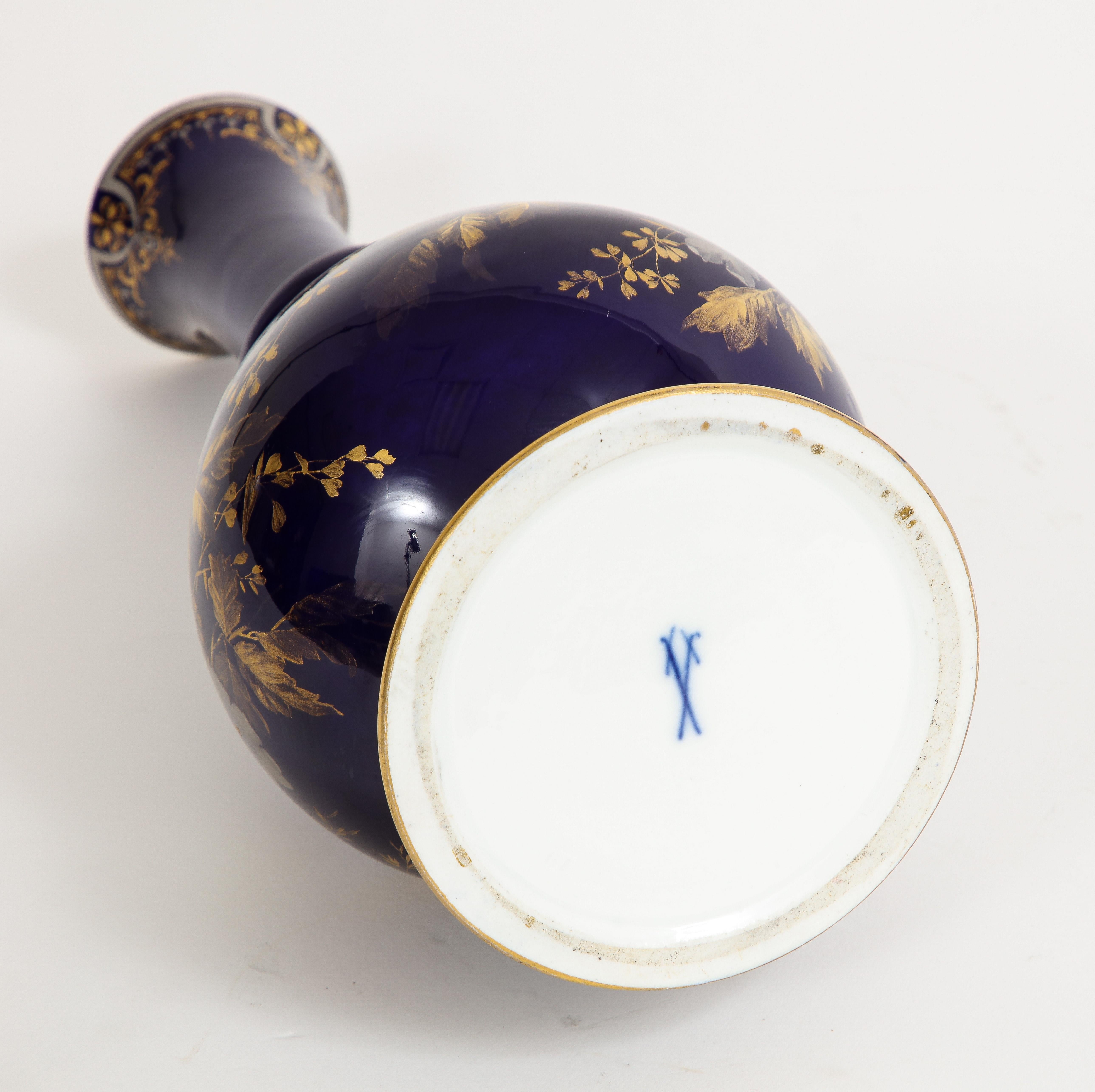 A Rare Meissen Porcelain Cobalt Blue Ground Platinum & Gold Floral Painted Vase For Sale 8