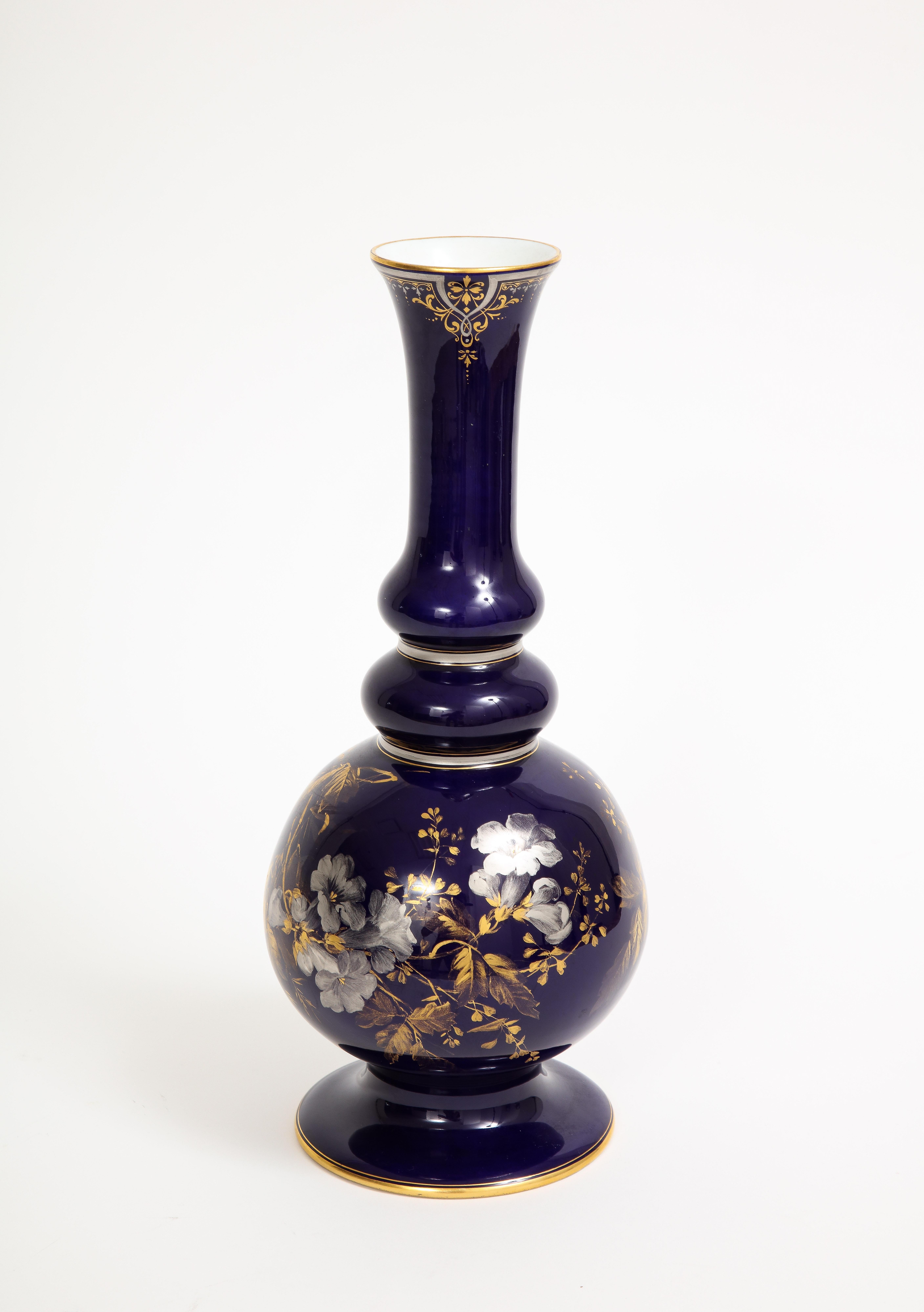 Louis XVI A Rare Meissen Porcelain Cobalt Blue Ground Platinum & Gold Floral Painted Vase For Sale