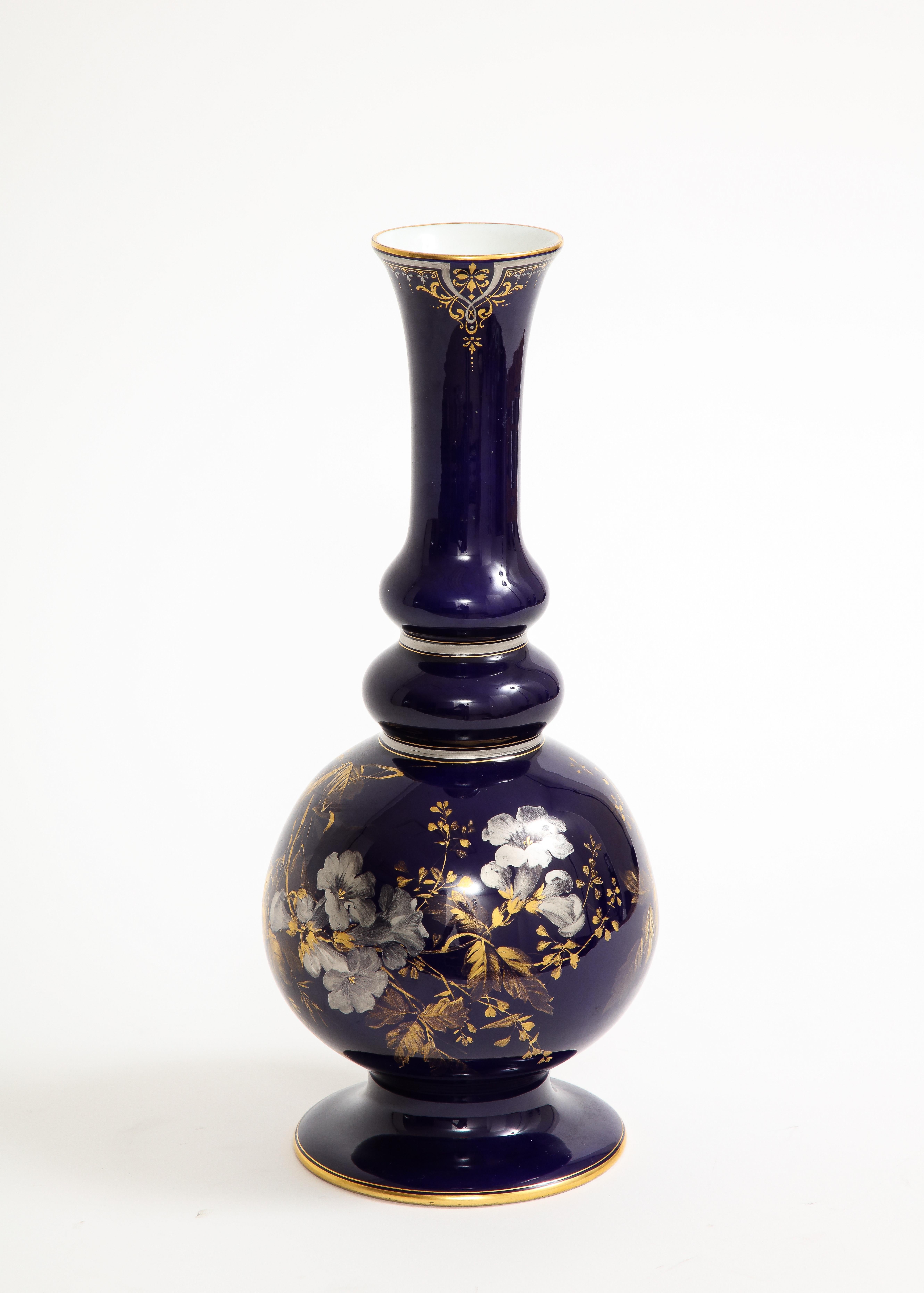German A Rare Meissen Porcelain Cobalt Blue Ground Platinum & Gold Floral Painted Vase For Sale