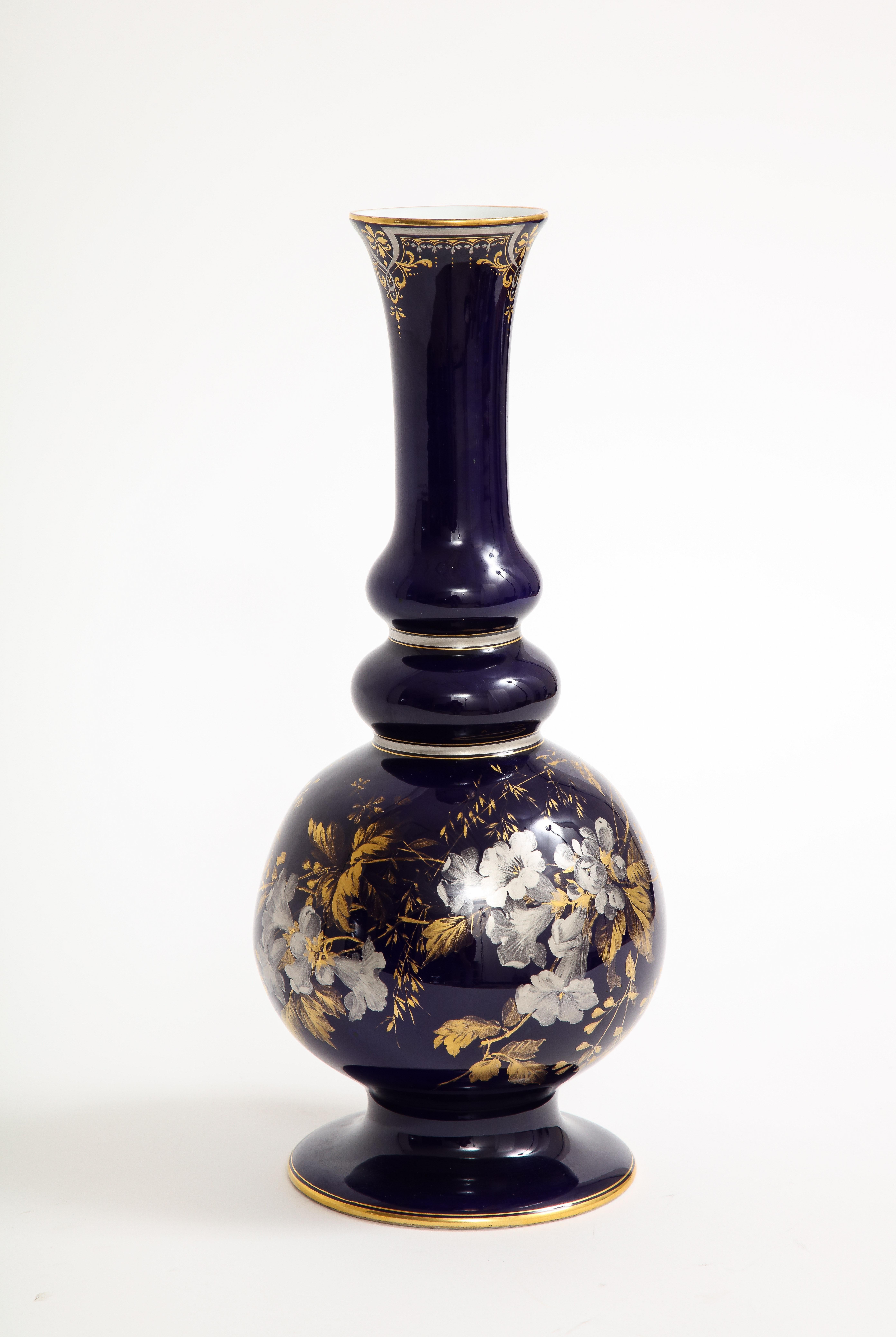 A Rare Meissen Porcelain Cobalt Blue Ground Platinum & Gold Floral Painted Vase In Good Condition For Sale In New York, NY