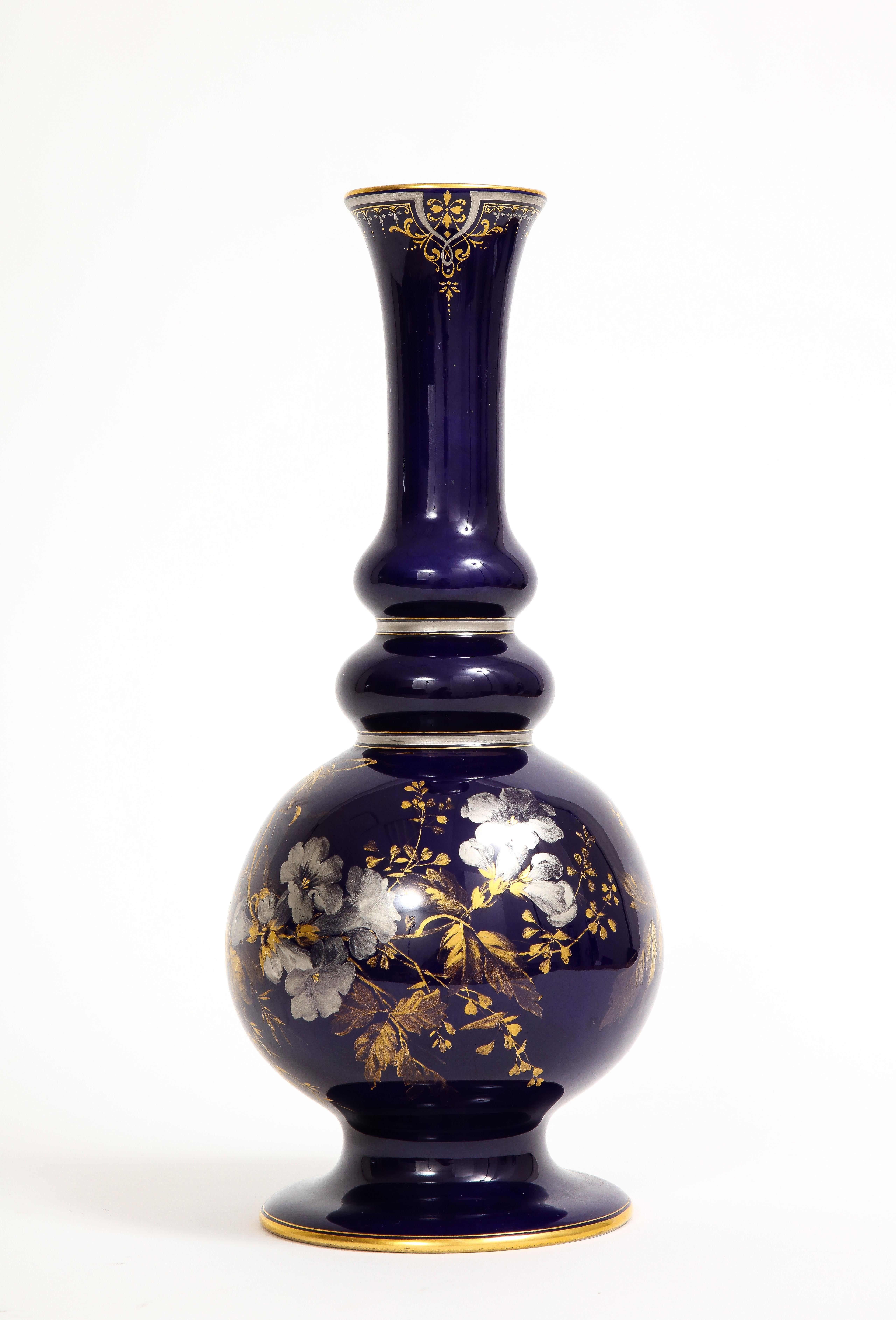 Mid-19th Century A Rare Meissen Porcelain Cobalt Blue Ground Platinum & Gold Floral Painted Vase For Sale