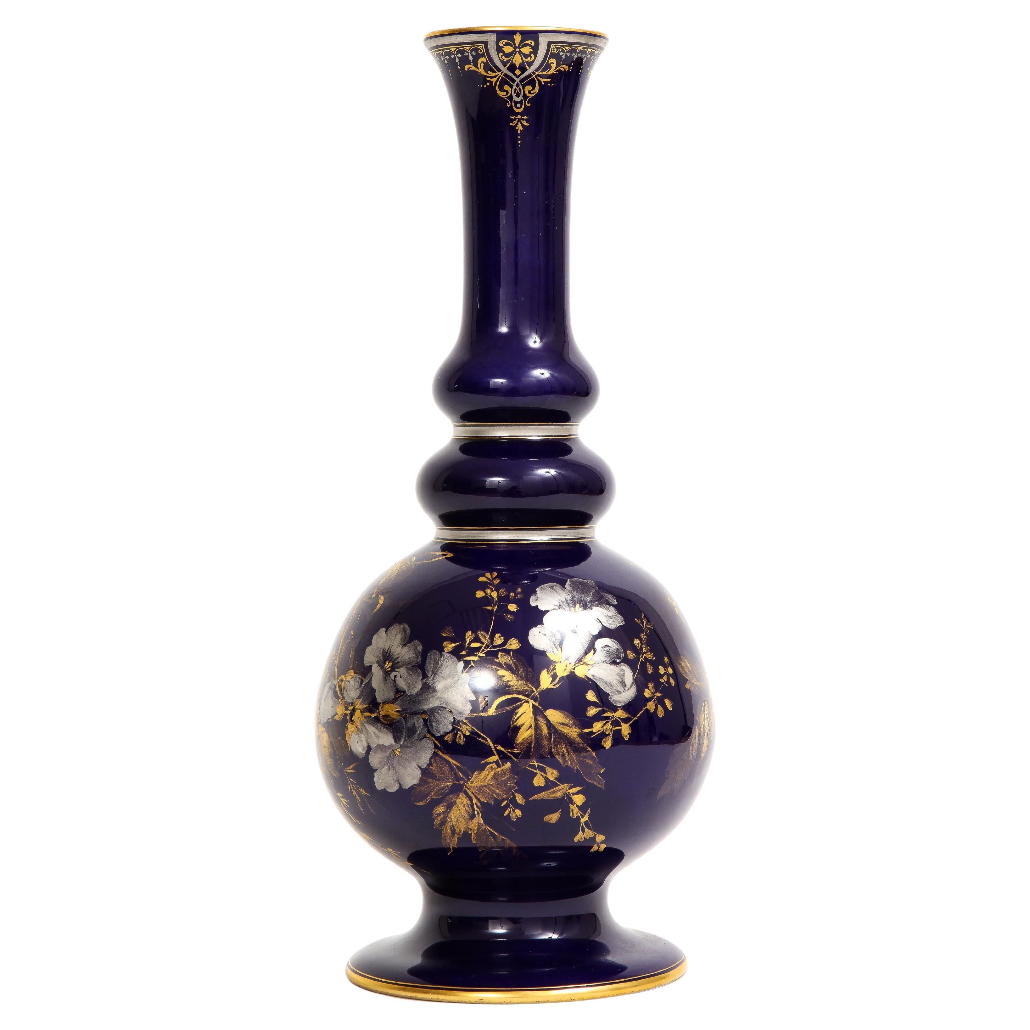 A Rare Meissen Porcelain Cobalt Blue Ground Platinum & Gold Floral Painted Vase For Sale