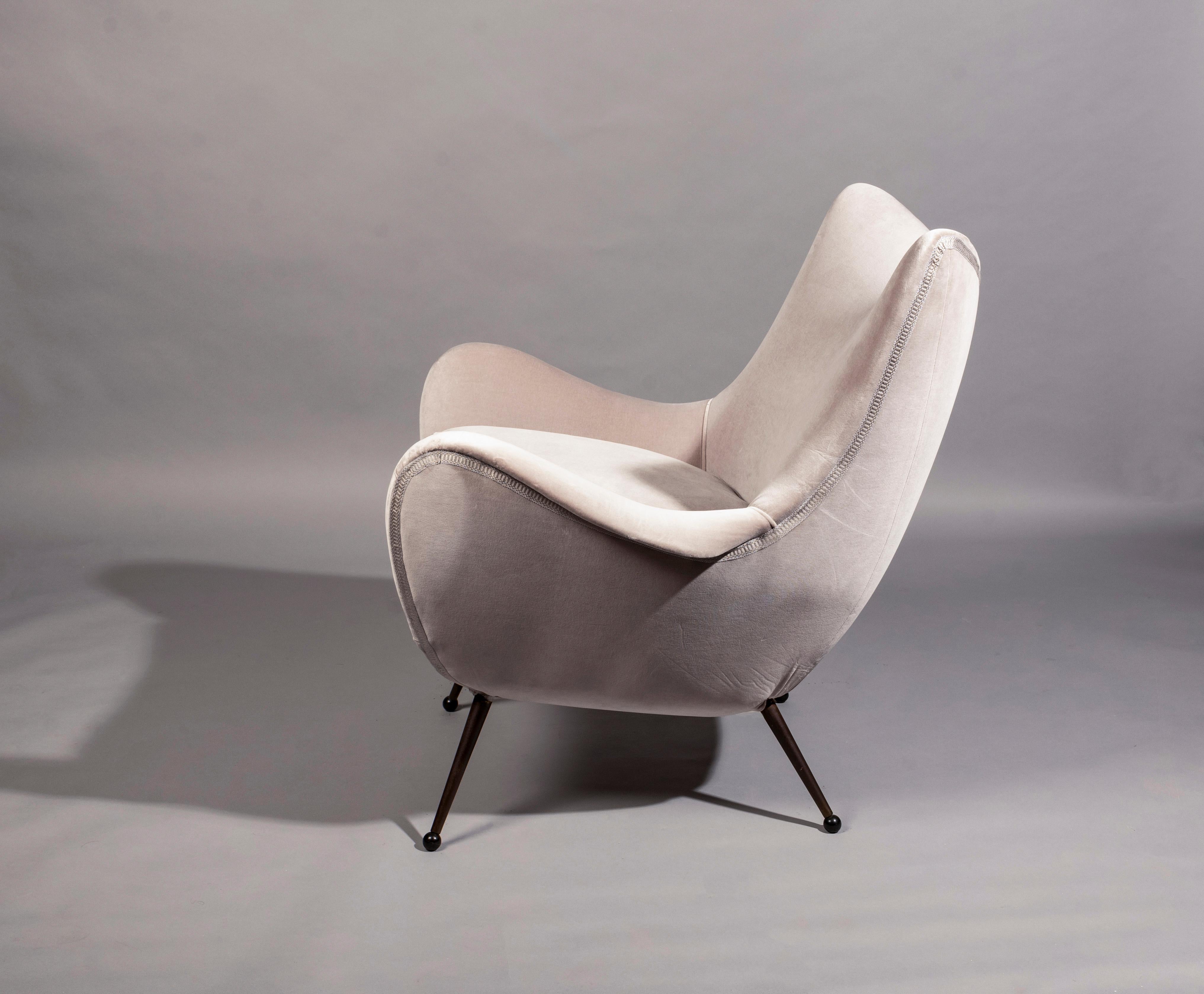 Brass Rare Melchiorre Bega Lounge Chair, 1950s, in Lelievre Velvet