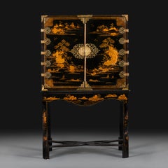 A Rare Mid 18th Century Black Japanned Lacquer Cabinet on Stand