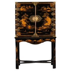 A Rare Mid 18th Century Black Japanned Lacquer Cabinet on Stand