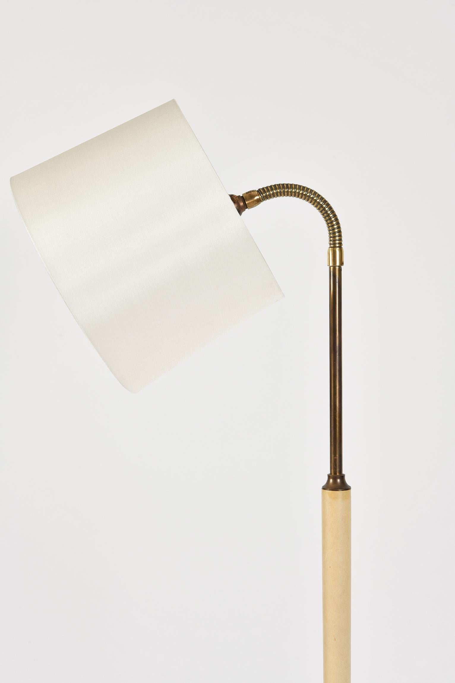 Swedish Rare Midcentury Brass and Cream Leather Floor Lamp