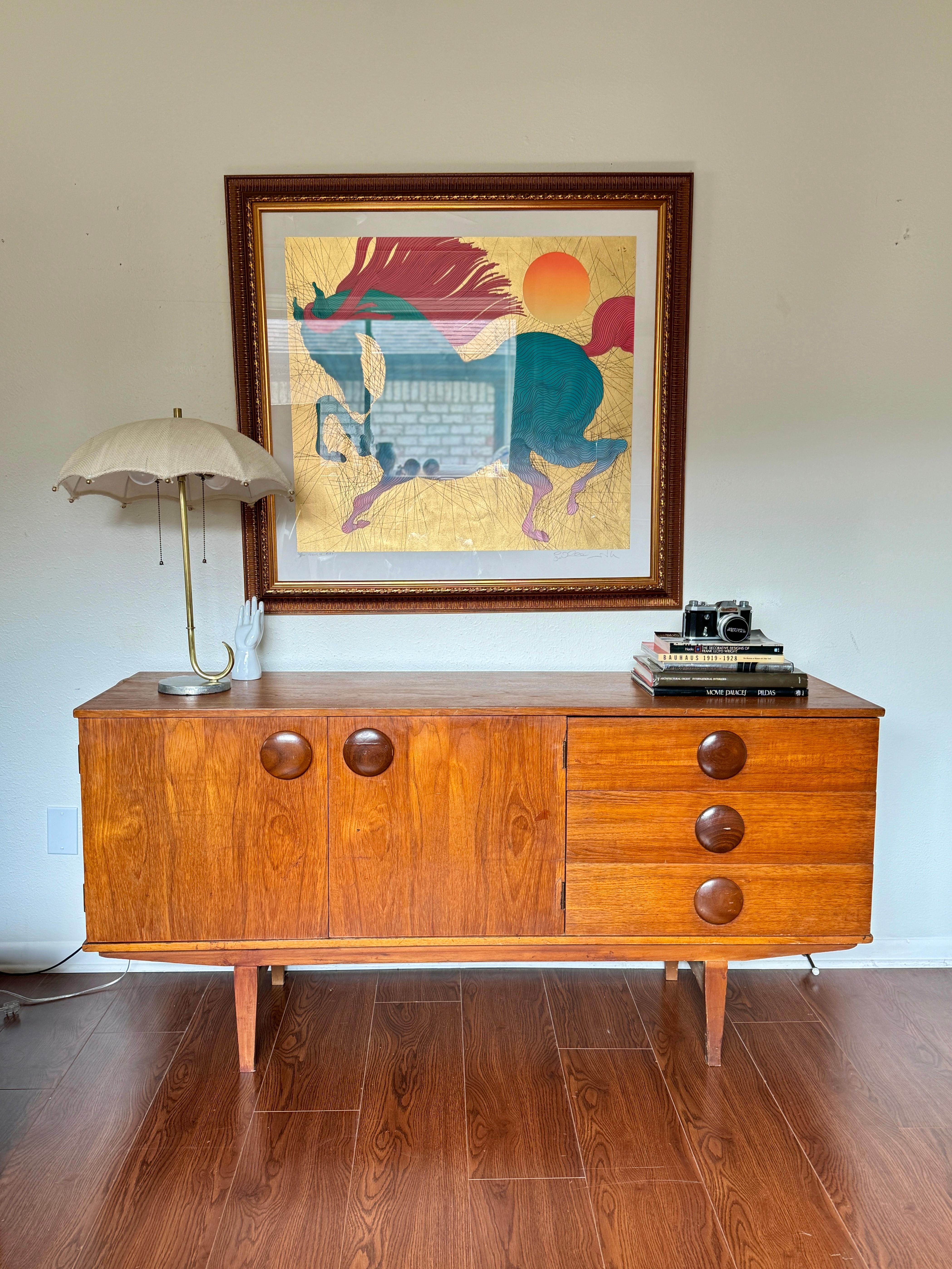 Veneer A rare mid century modern sideboard with round wooden pulls, circa 1960s For Sale