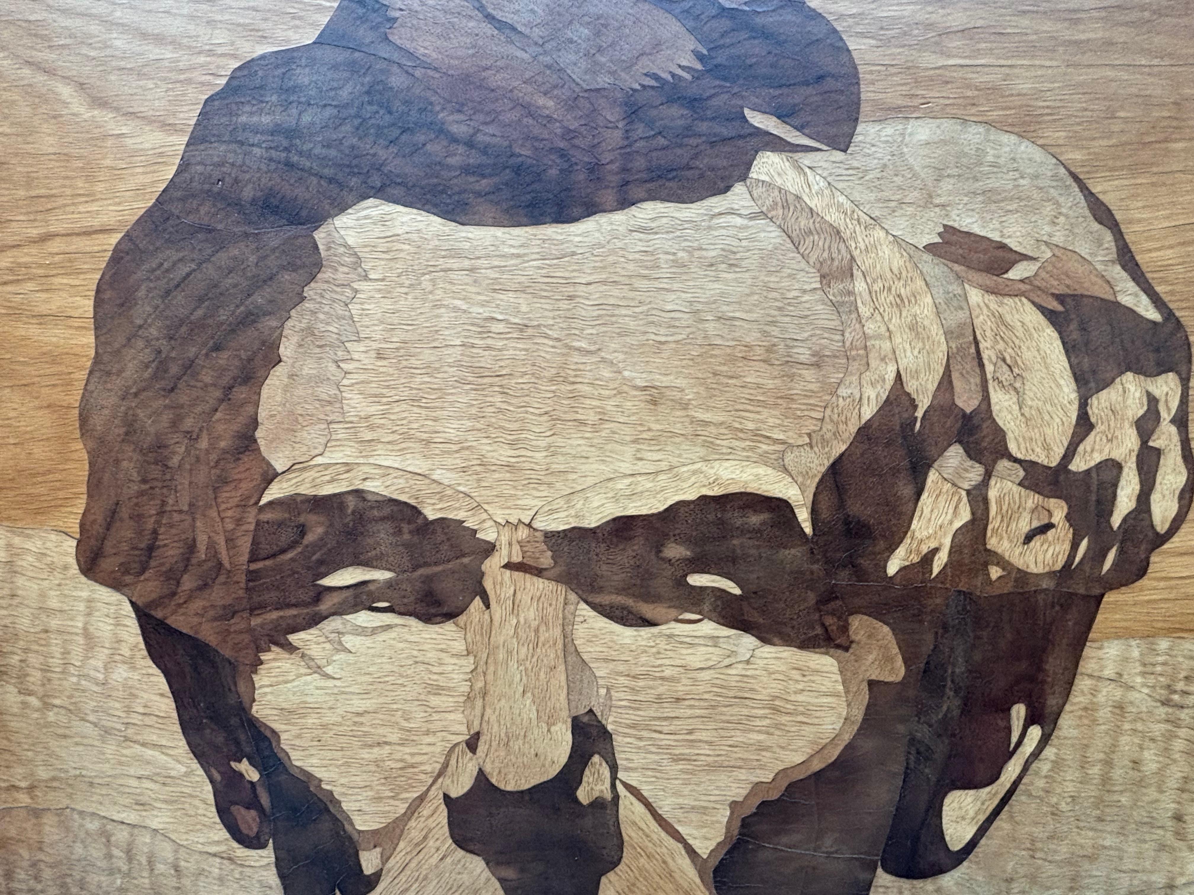 Inconnu Rare portrait d'Abraham Lincoln exécuté en bois incrusté au milieu du siècle, signé K.Wood. en vente
