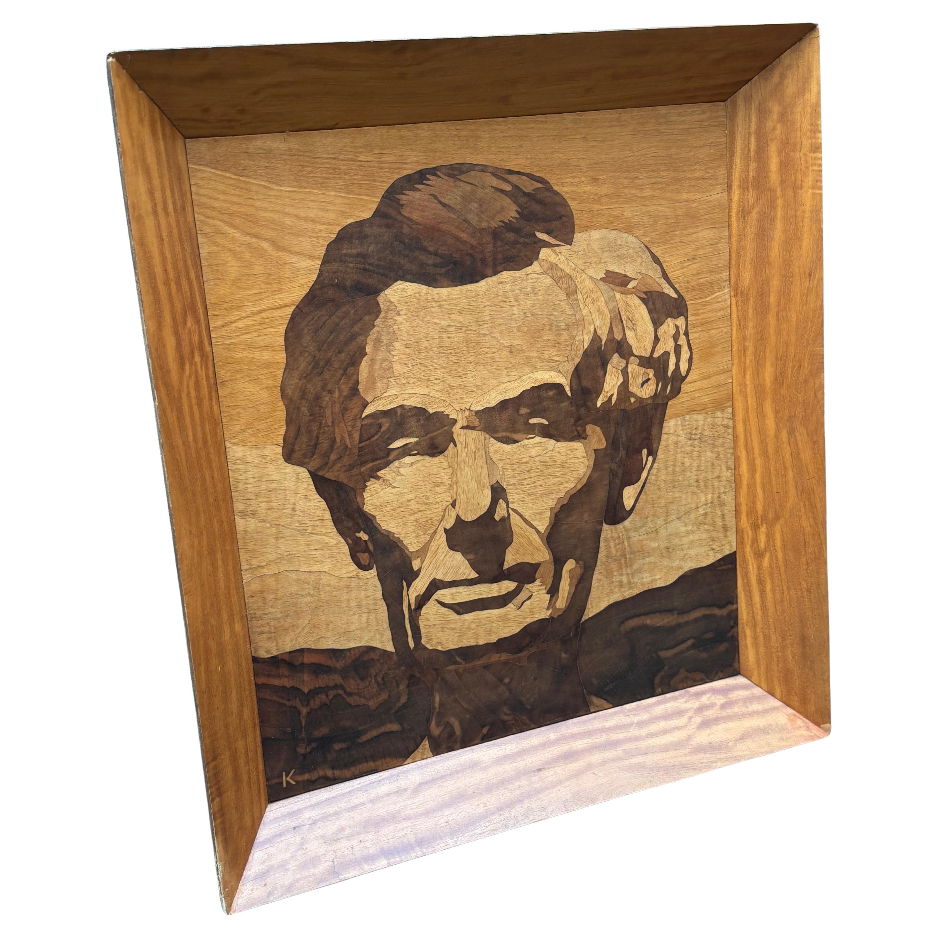 Ein seltenes Porträt von Abraham Lincoln aus der Mitte des Jahrhunderts mit Holzeinlegearbeiten, signiert K
