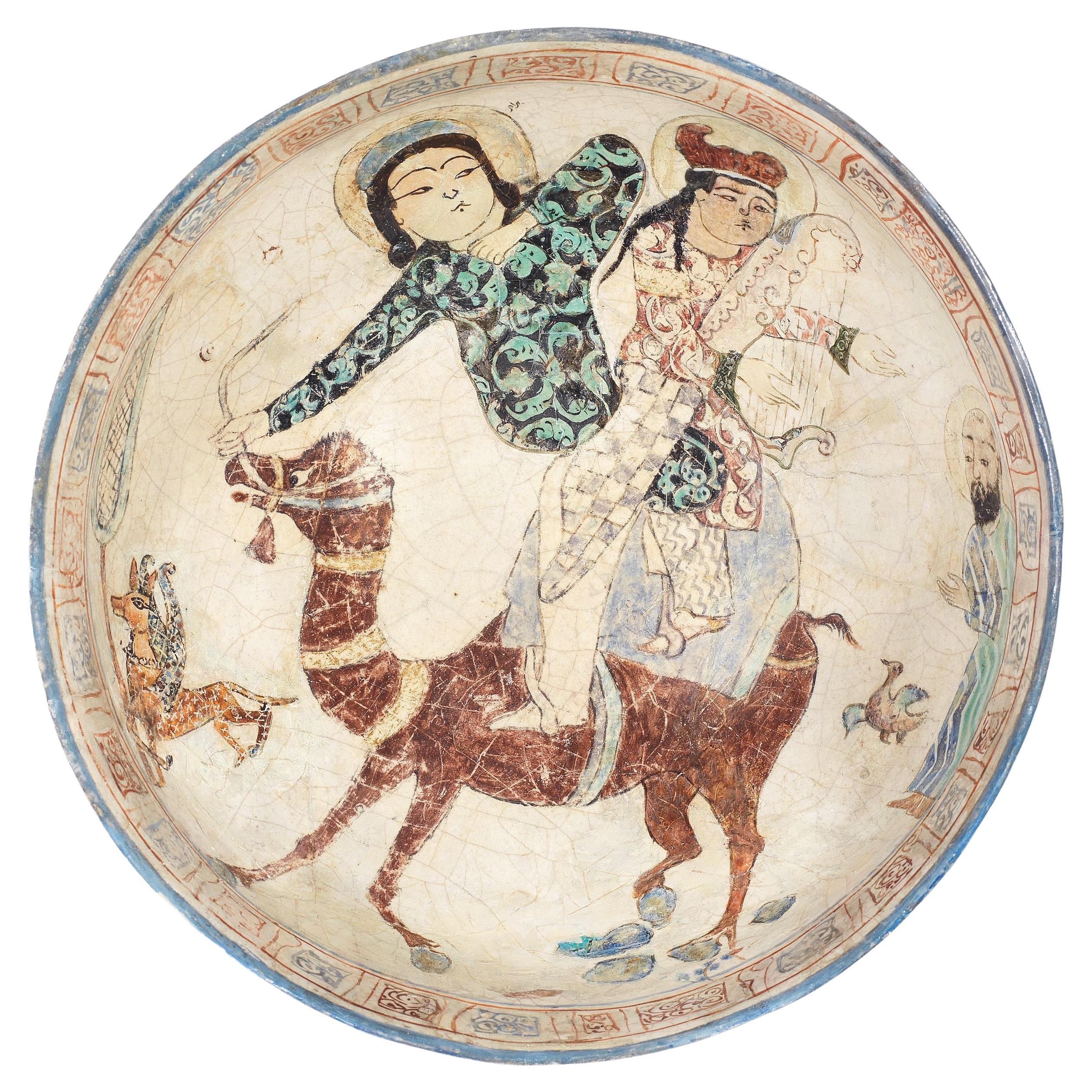 A Rare Minai Pottery Bowl Depicting Bahram Gur And Azada, Late 12TH Century For Sale