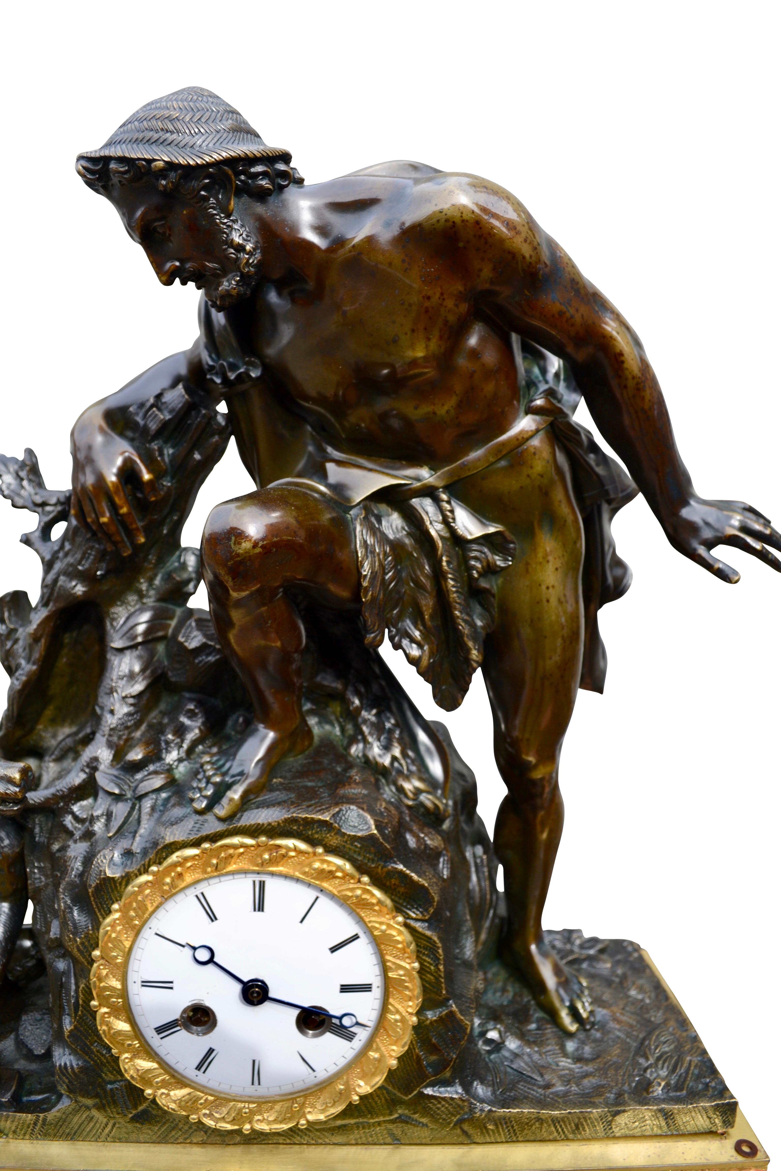 Bronze Rare horloge Empire modèle rare représentant Faustulus découvrant Romolus et Remus en vente