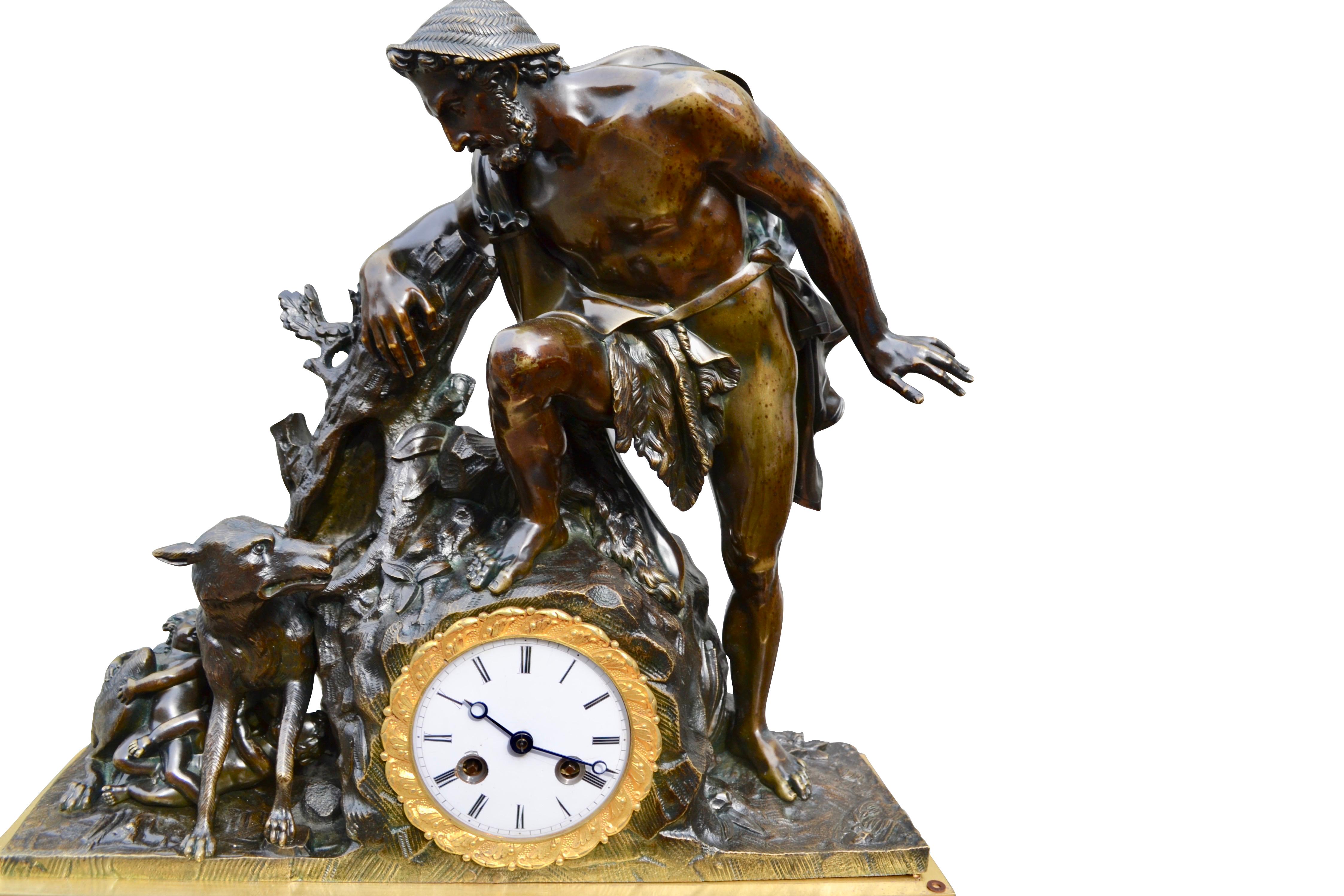 XIXe siècle Rare horloge Empire modèle rare représentant Faustulus découvrant Romolus et Remus en vente