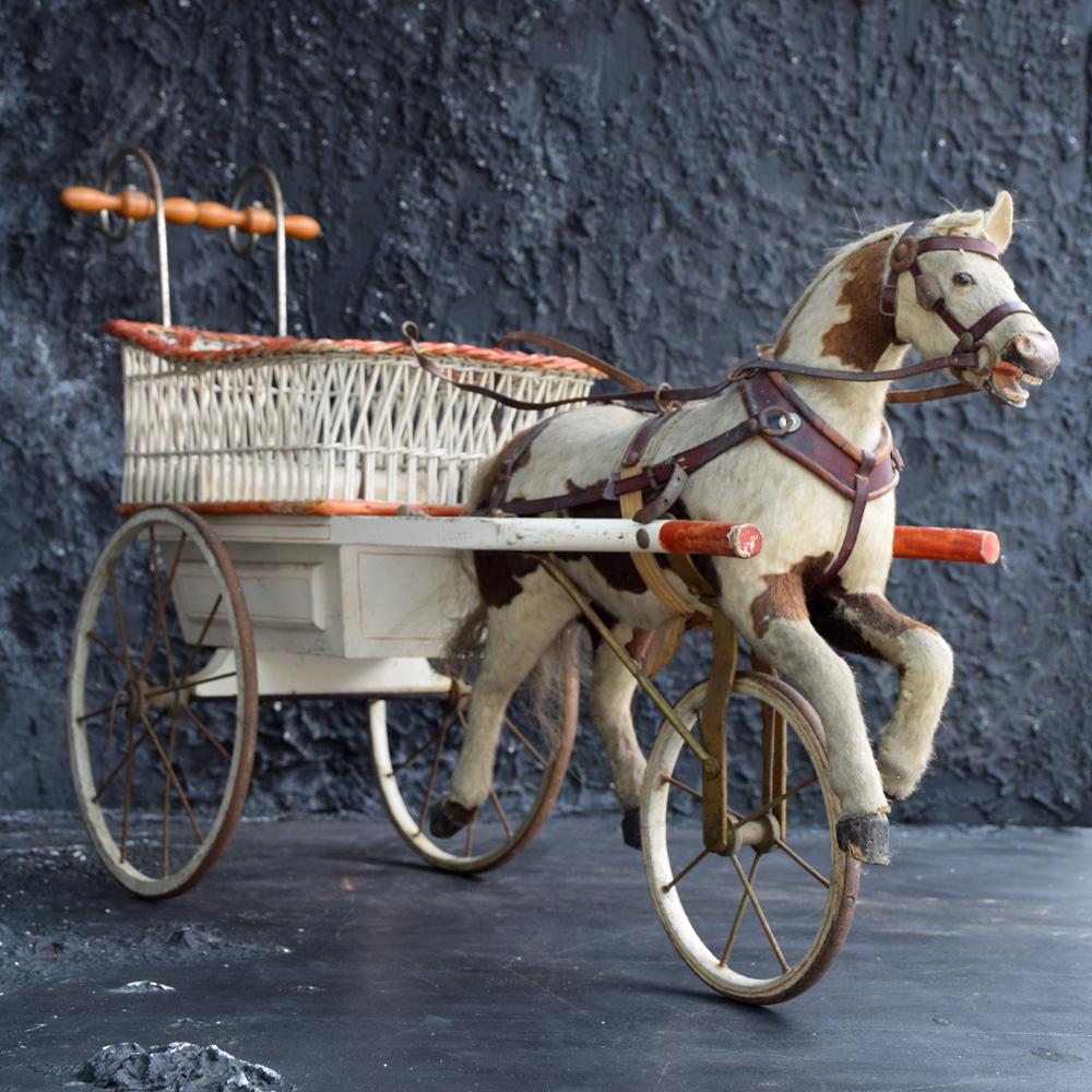 British Rare Museum 19th Century Horse and Wicker Childs Push Along Carriage