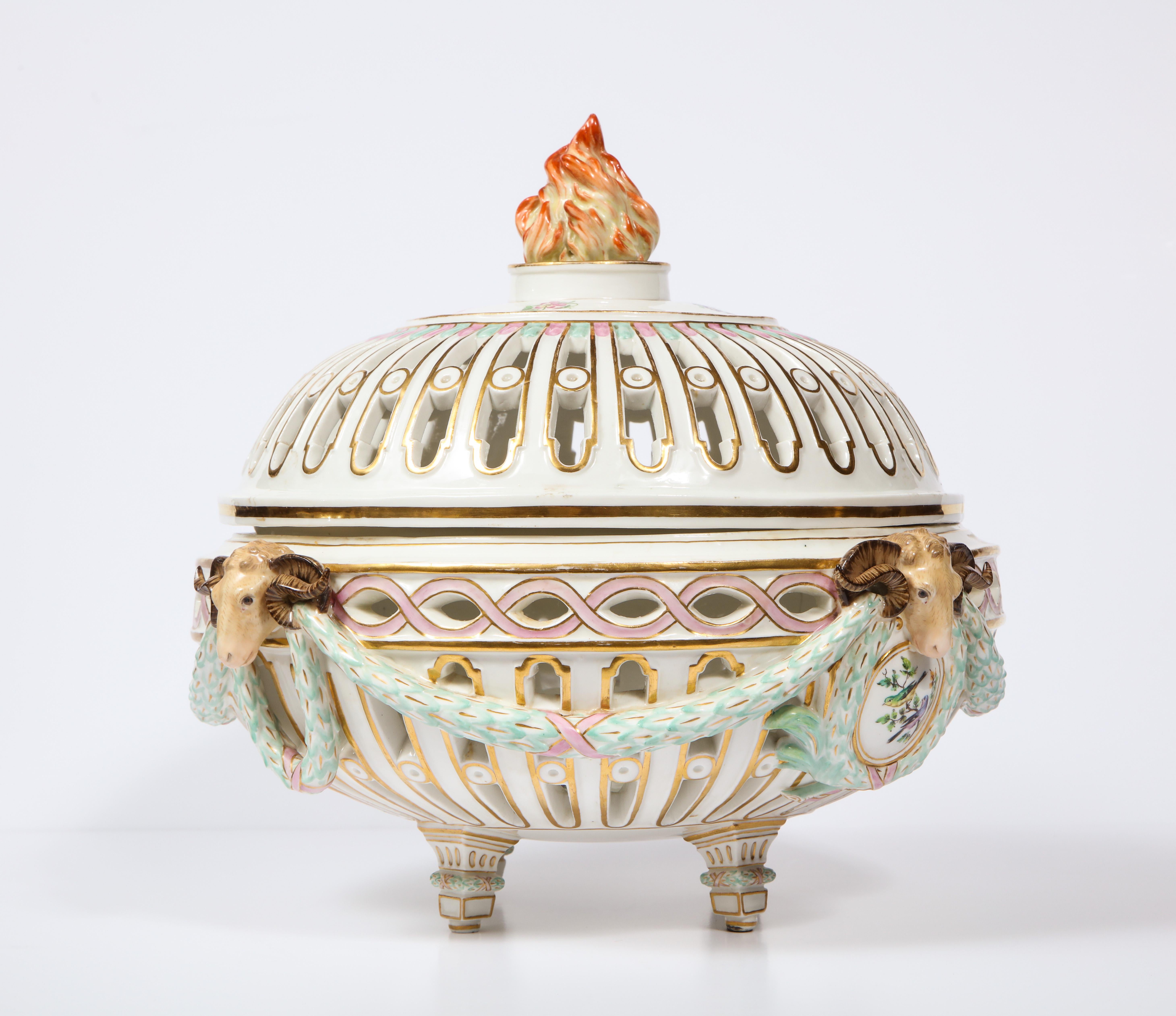 Gilt Rare Neoclassical Meissen Porcelain Reticulated Centerpiece with Rams Heads For Sale