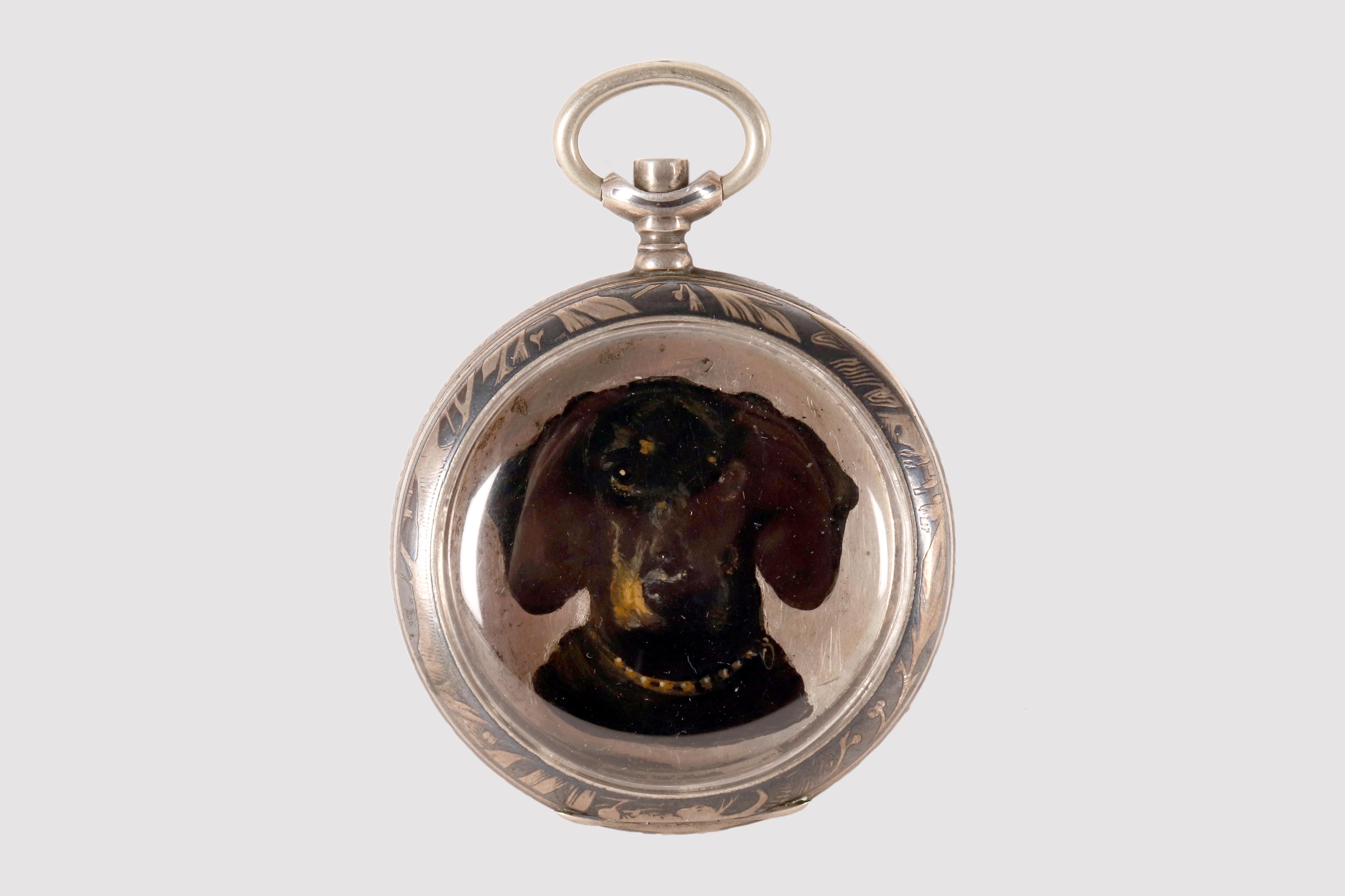Svizzero Un raro orologio in niello e argento con una scena di caccia. Svizzera, circa 1890 in vendita