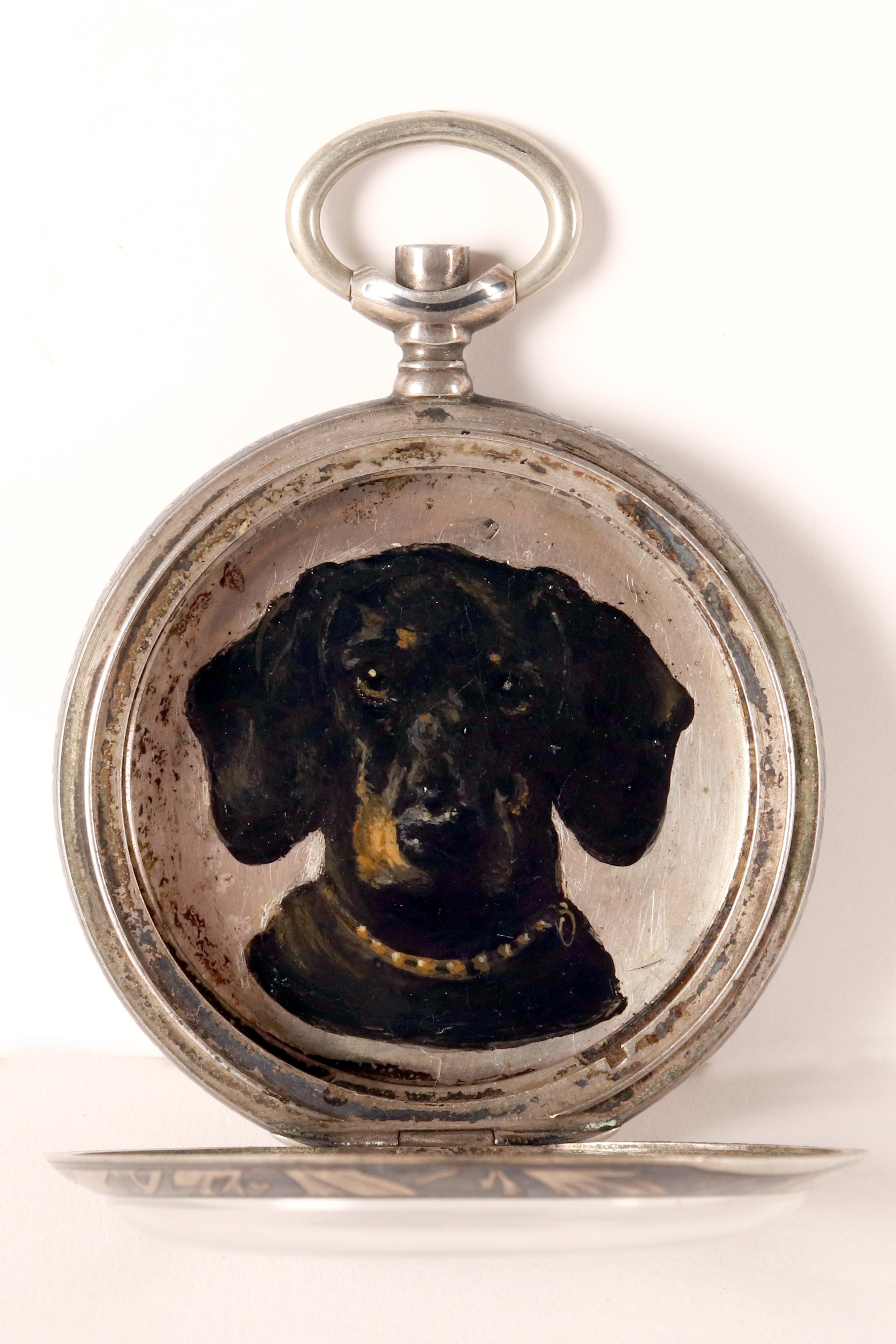 XIX secolo Un raro orologio in niello e argento con una scena di caccia. Svizzera, circa 1890 in vendita