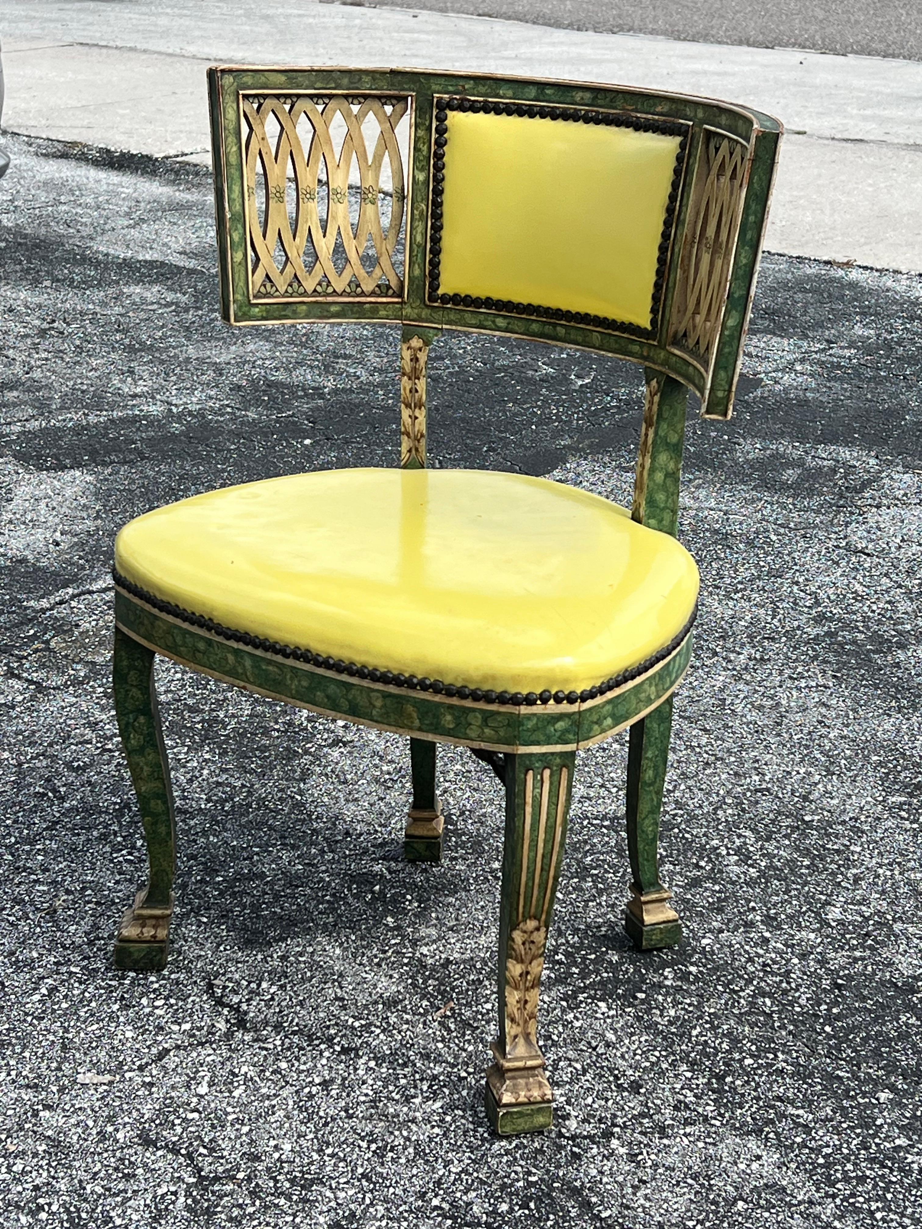 A rare hand painted chair designed by Syrie Maugham and custom made for John Gerald, NYC ca' 1940's. What is rare is that the chair appears to have original upholstery and label underneath. 