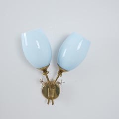 A Rare Paavo Tynell Wall Lamp in Brass and Blue Glass Shades, Taito Oy 1950s