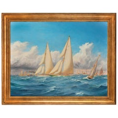 Rare Painting of 1930 America’s Cup Racing off Newport, Signed ‘Harold Wylli