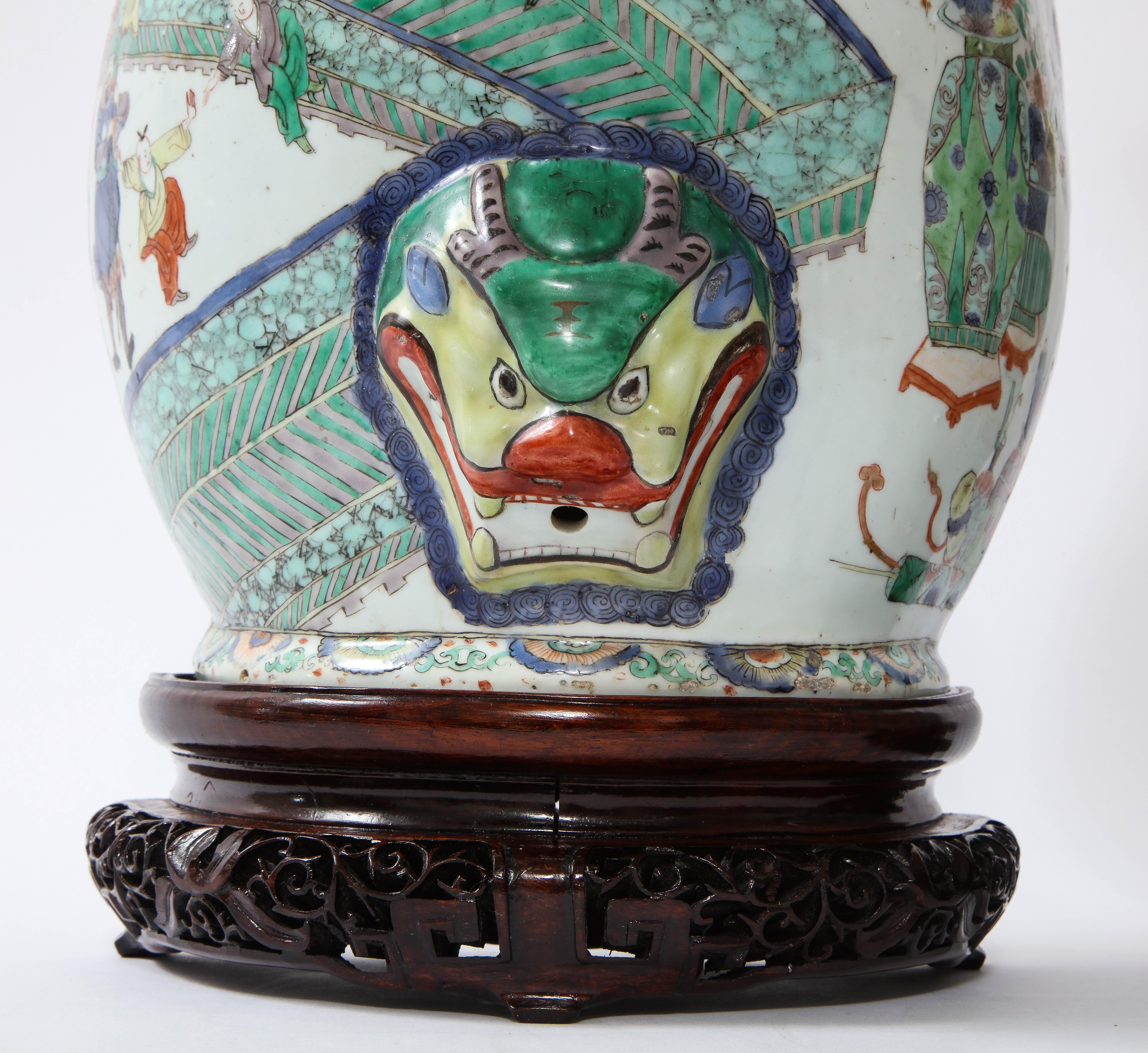 A Rare Pair Kangxi Period (18th C) Chinese Porcelain Wucai Decorated Wall Vases For Sale 4