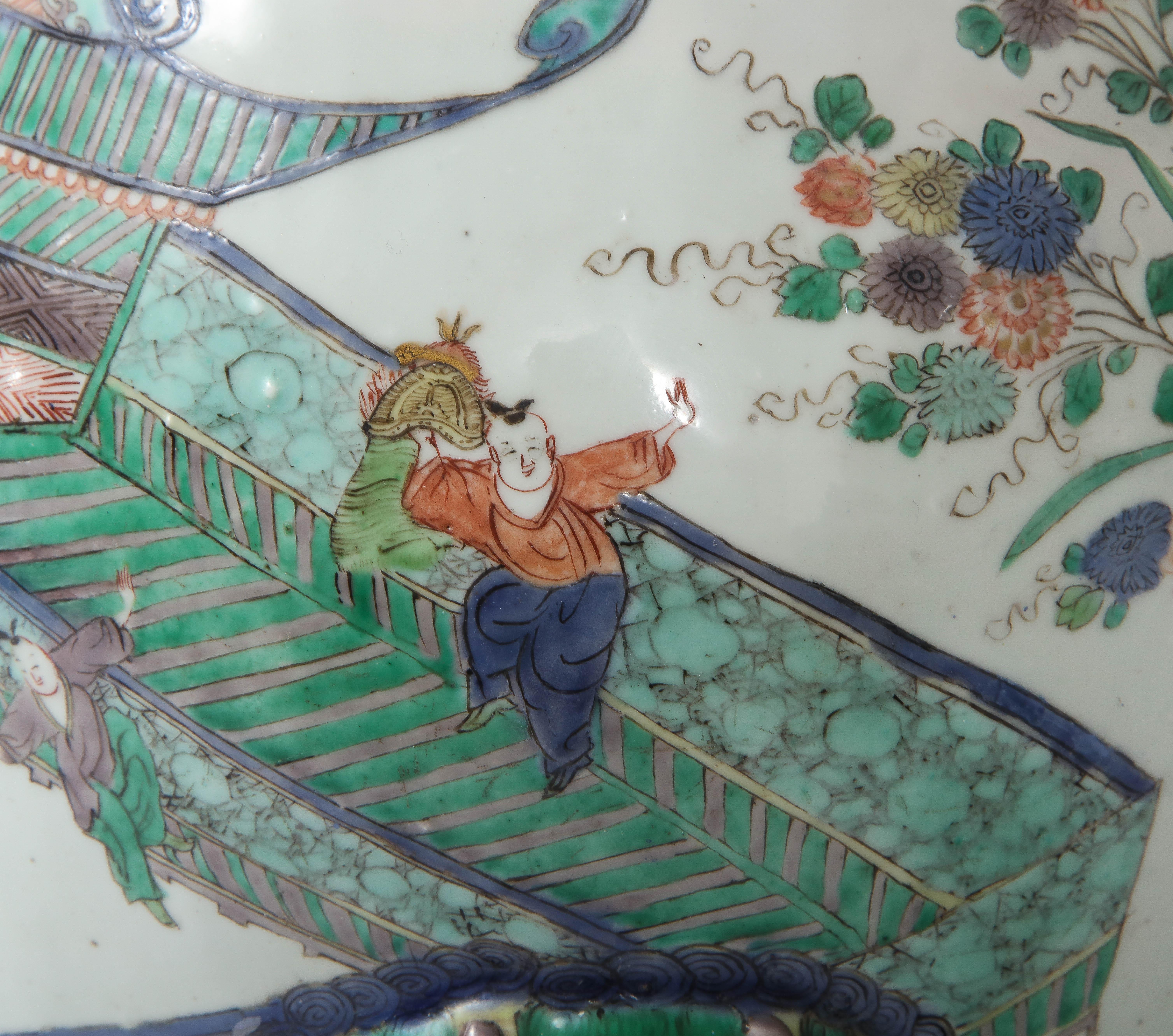 A Rare Pair Kangxi Period (18th C) Chinese Porcelain Wucai Decorated Wall Vases For Sale 8