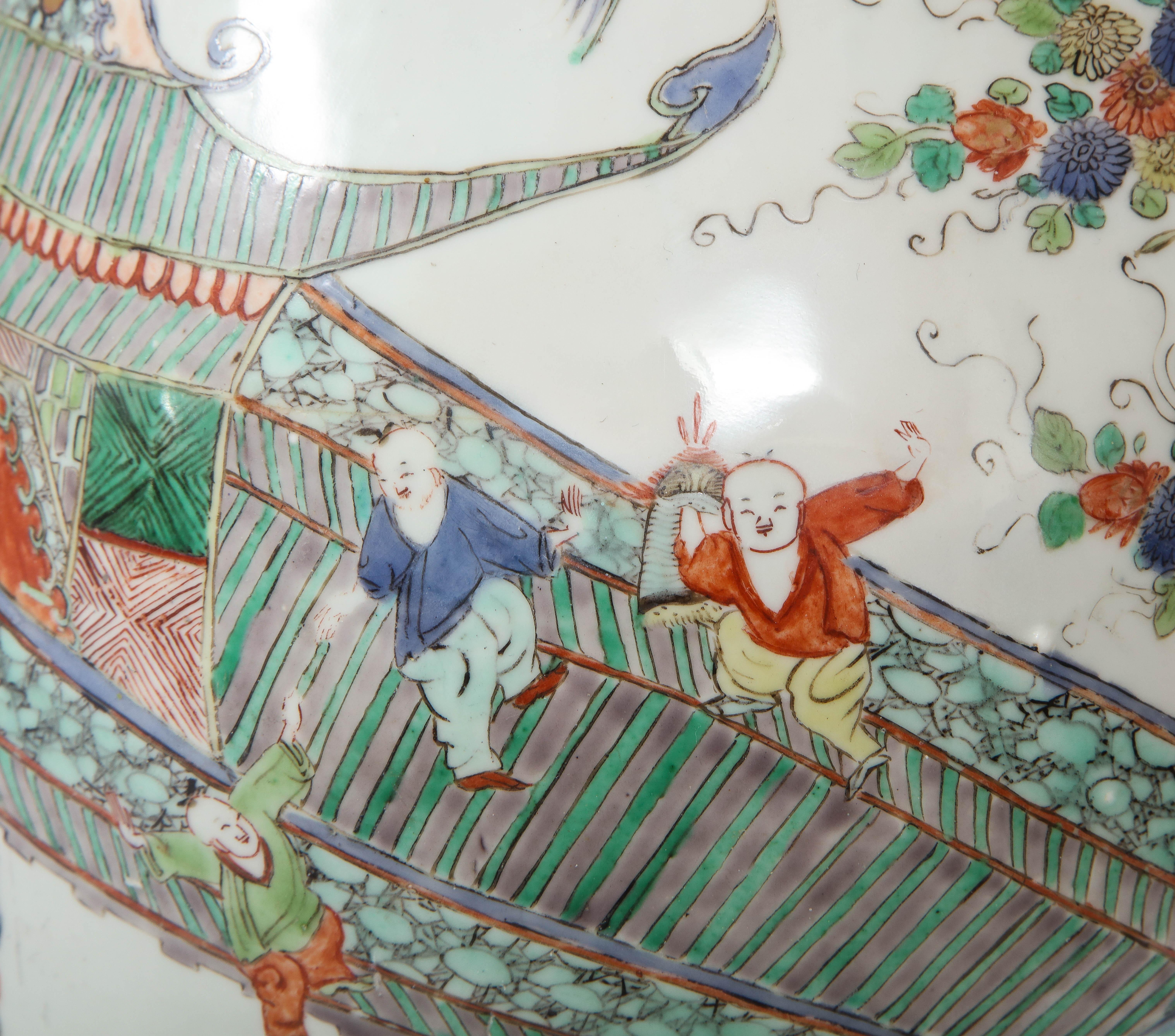 A Rare Pair Kangxi Period (18th C) Chinese Porcelain Wucai Decorated Wall Vases For Sale 9