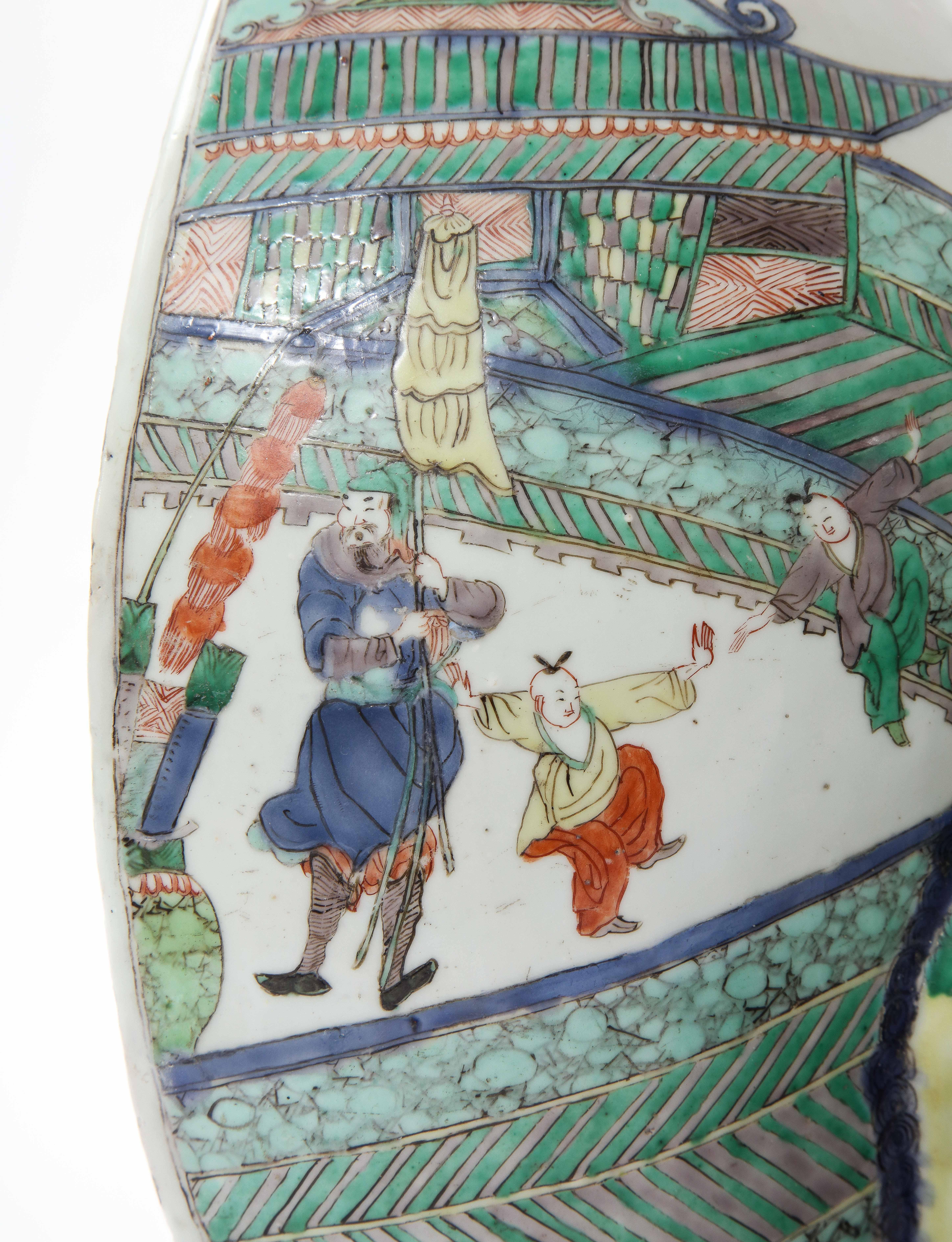 A Rare Pair Kangxi Period (18th C) Chinese Porcelain Wucai Decorated Wall Vases For Sale 10