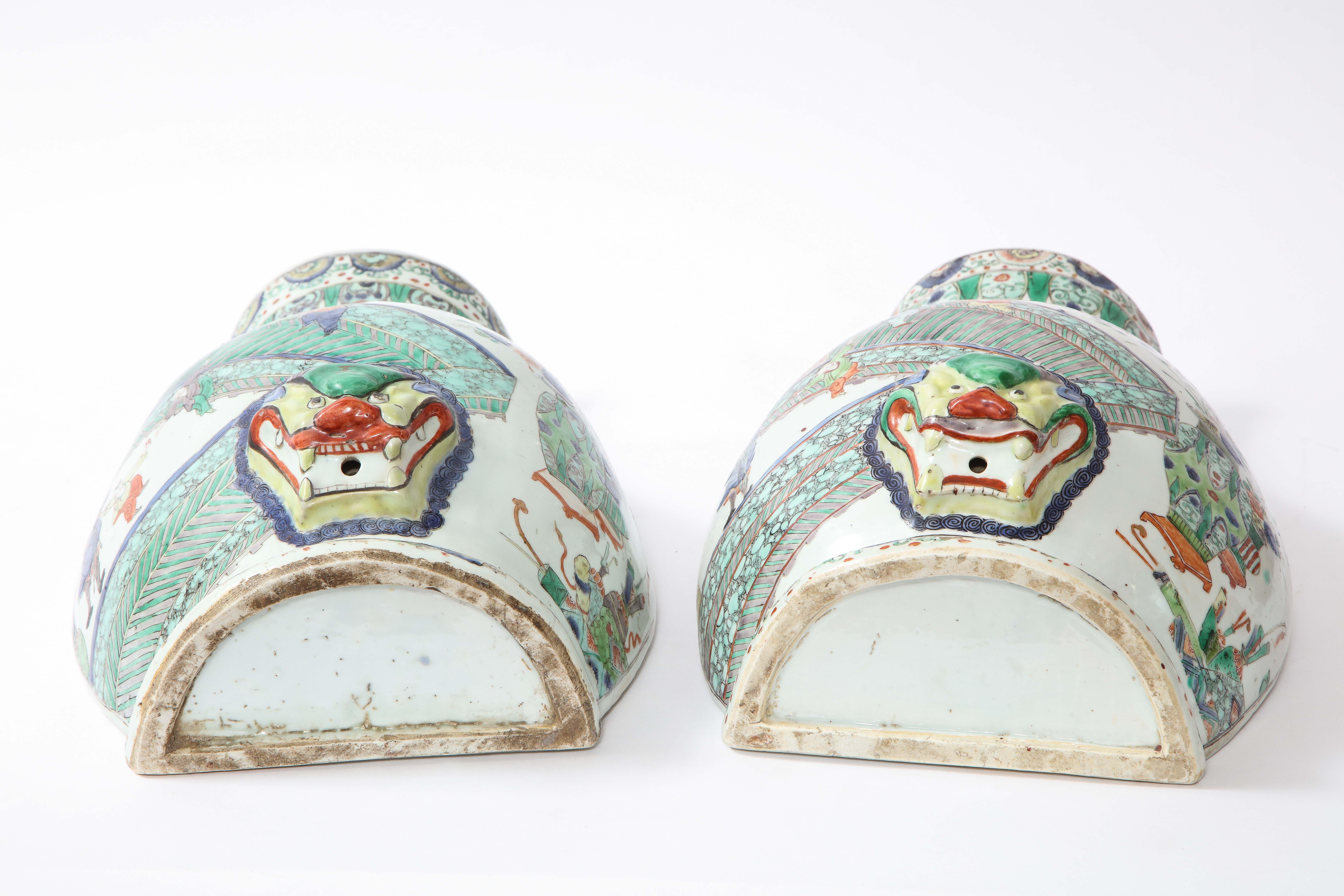 A Rare Pair Kangxi Period (18th C) Chinese Porcelain Wucai Decorated Wall Vases For Sale 13
