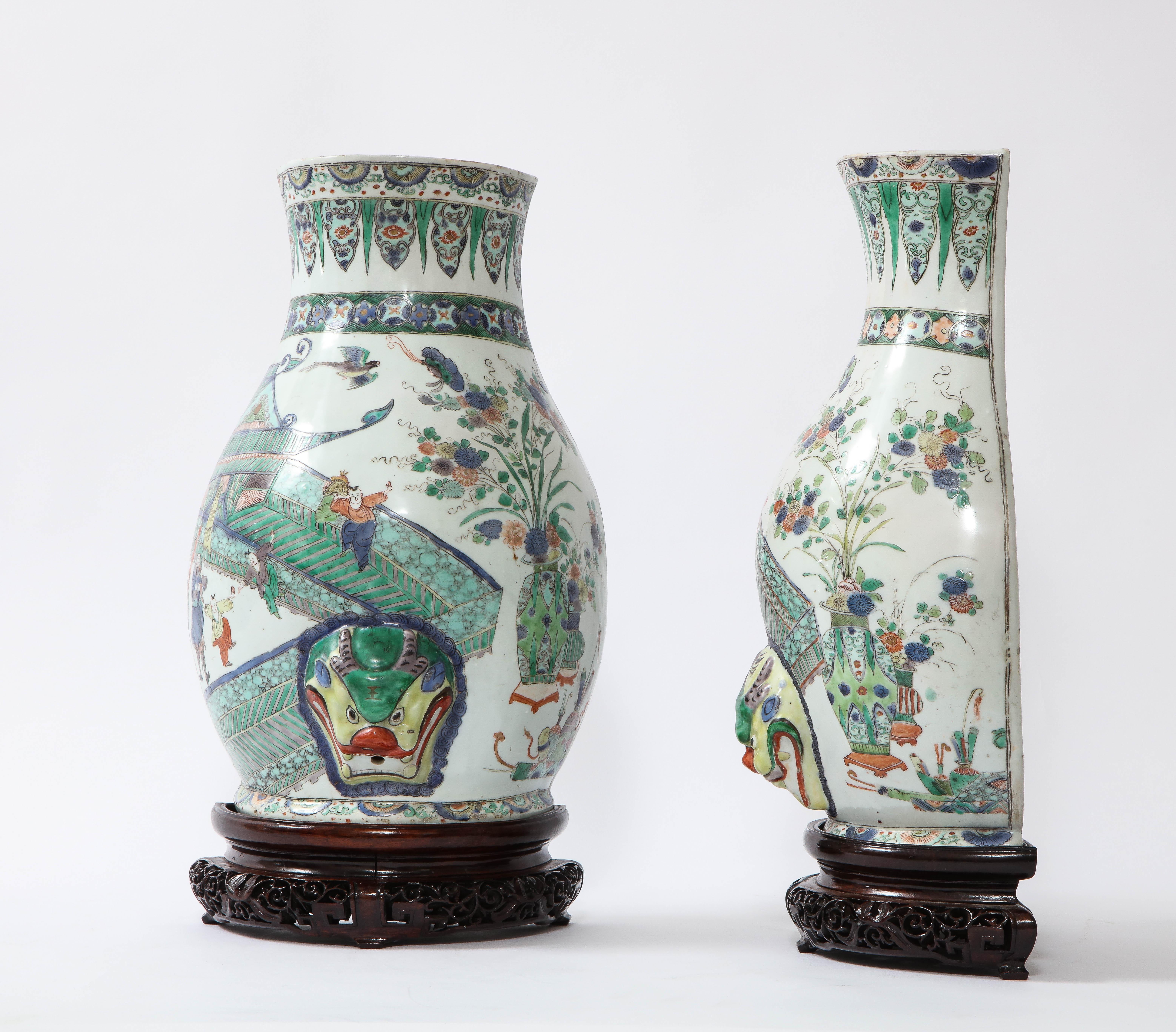 Hand-Carved A Rare Pair Kangxi Period (18th C) Chinese Porcelain Wucai Decorated Wall Vases For Sale