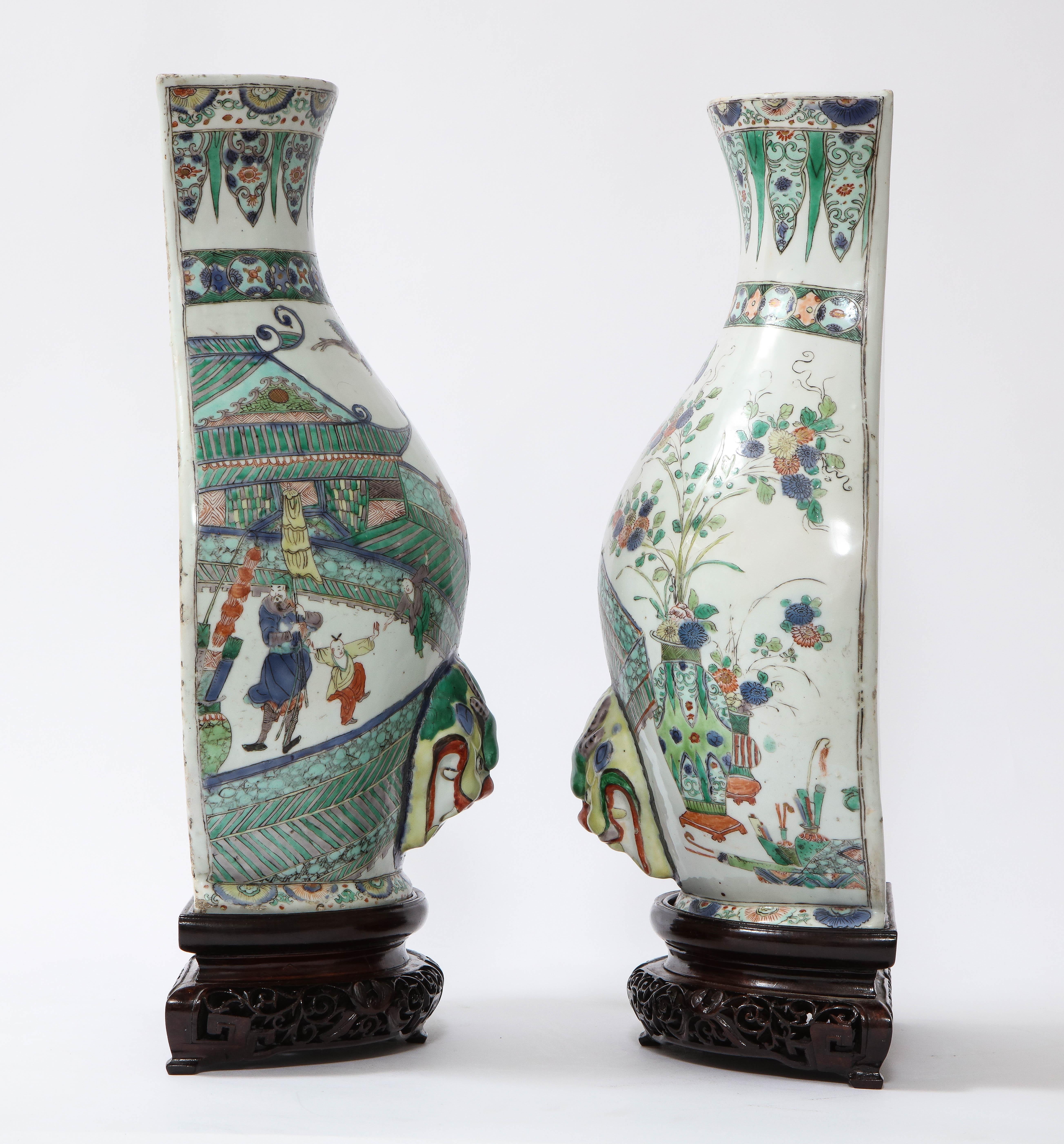 Early 18th Century A Rare Pair Kangxi Period (18th C) Chinese Porcelain Wucai Decorated Wall Vases For Sale
