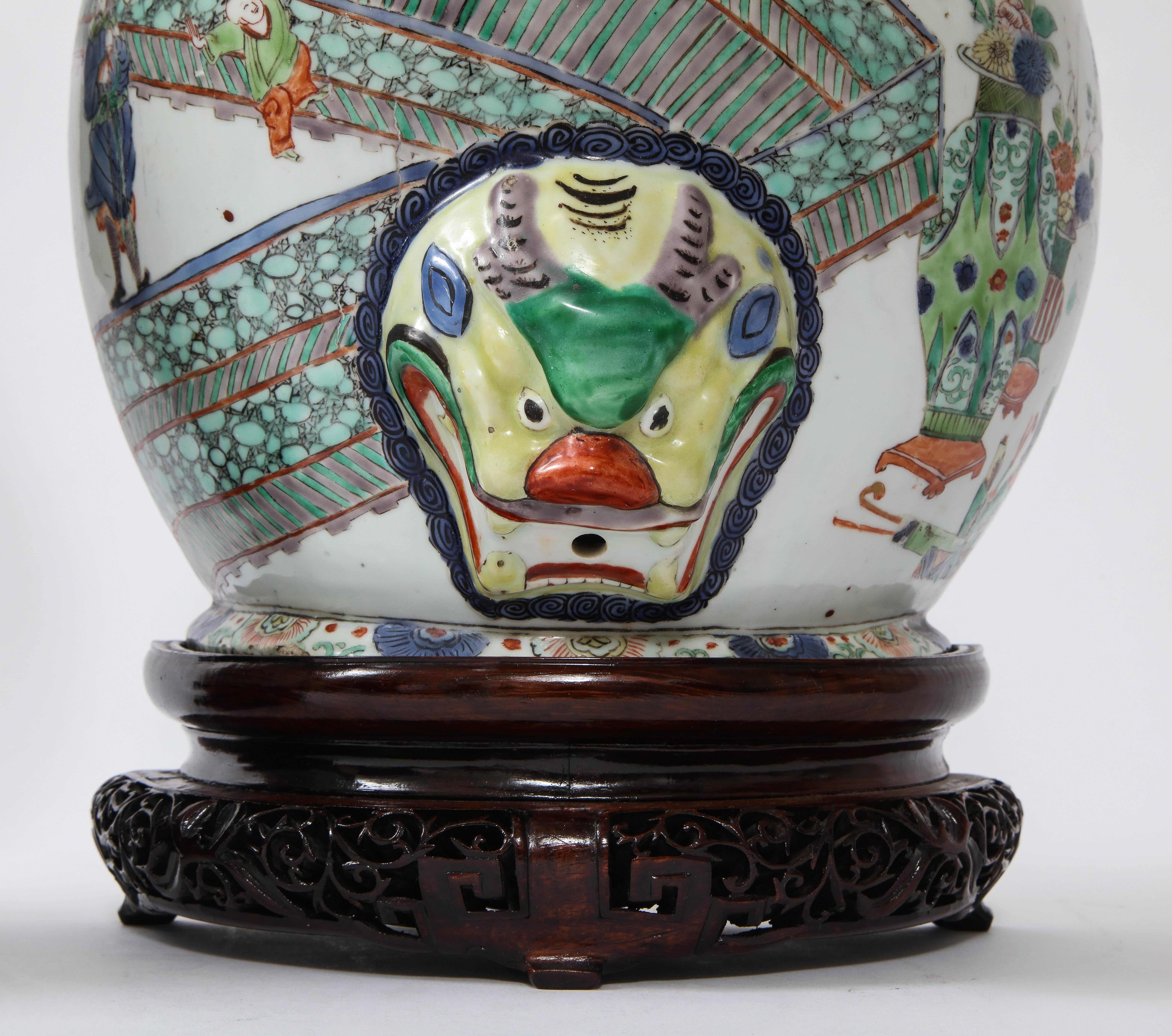 A Rare Pair Kangxi Period (18th C) Chinese Porcelain Wucai Decorated Wall Vases For Sale 3