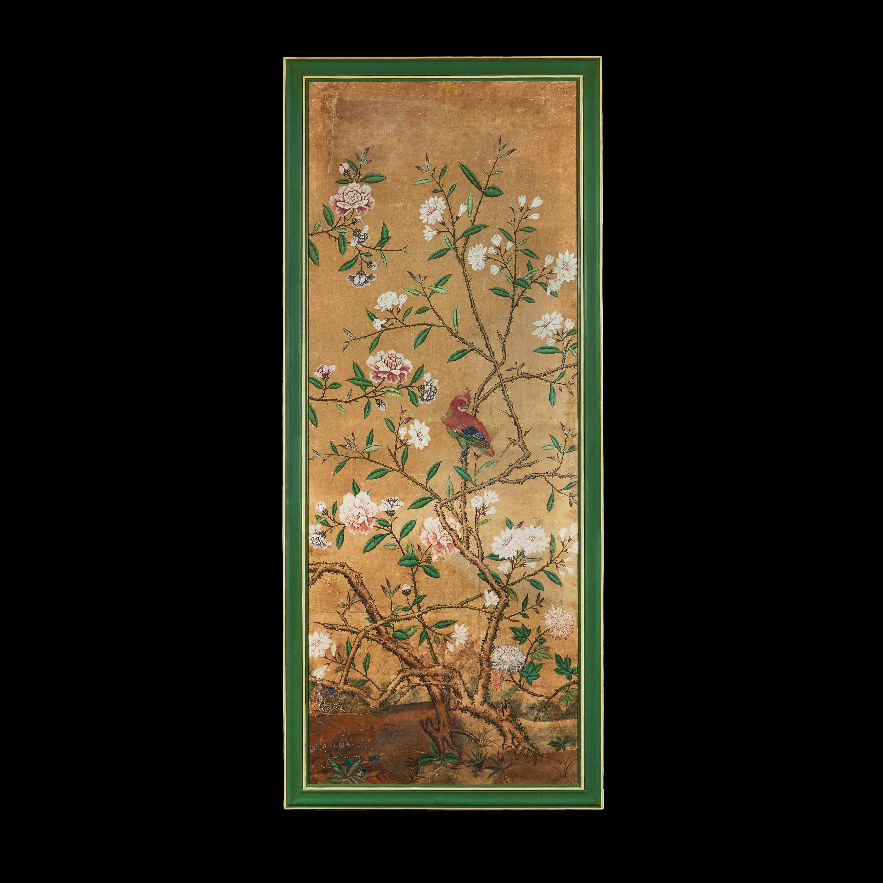 China, circa 1750

A fine pair of large panels of mid eighteenth century Chinese export wallpaper, the panels depicting foliage including peonies and prunus, each panel centrally painted with an exotic Chinese parrot, with pairs of conjugal birds